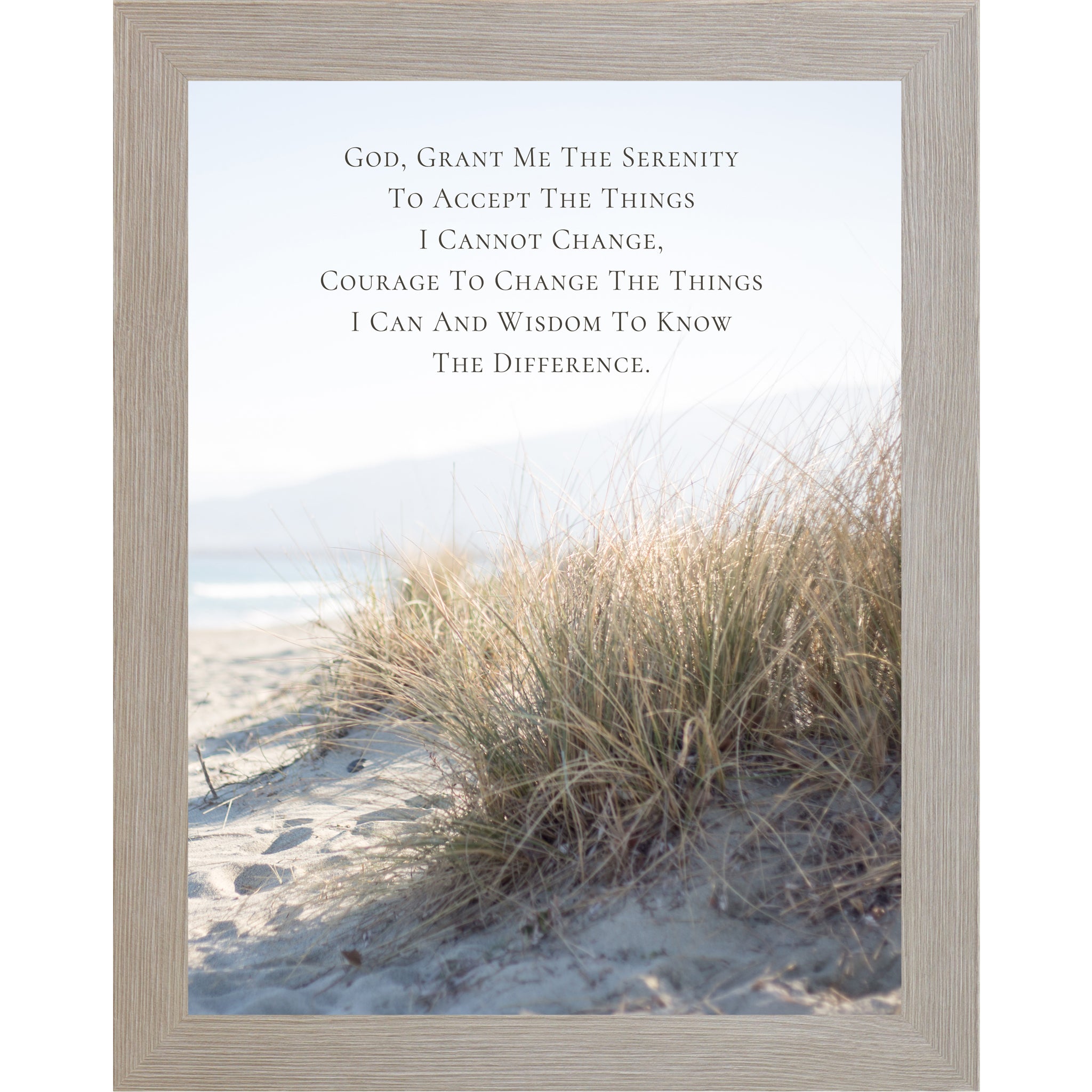 Monte Carlo framed portrait Serenity Prayer wall art with coastal beach dune grass photography ocean view and misty hills — Christian scripture faith decor