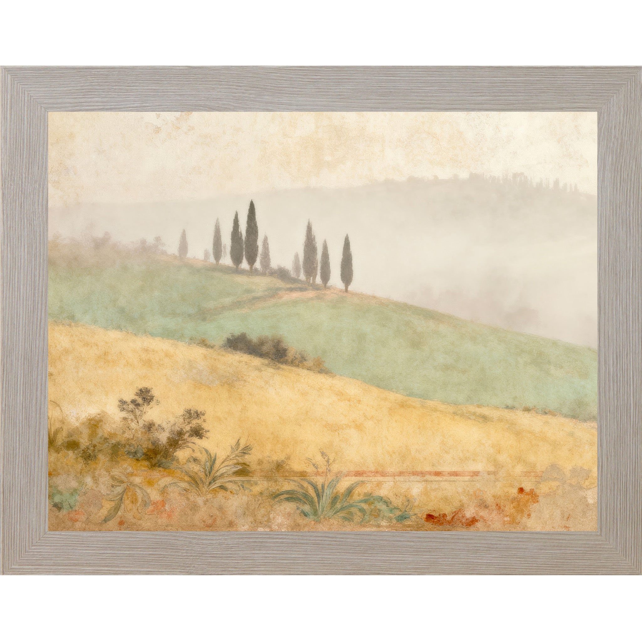 Monte Carlo framed landscape Tuscan wall art with misty cypress trees on rolling golden wheat fields and distressed fresco botanical border — Italian countryside watercolor decor