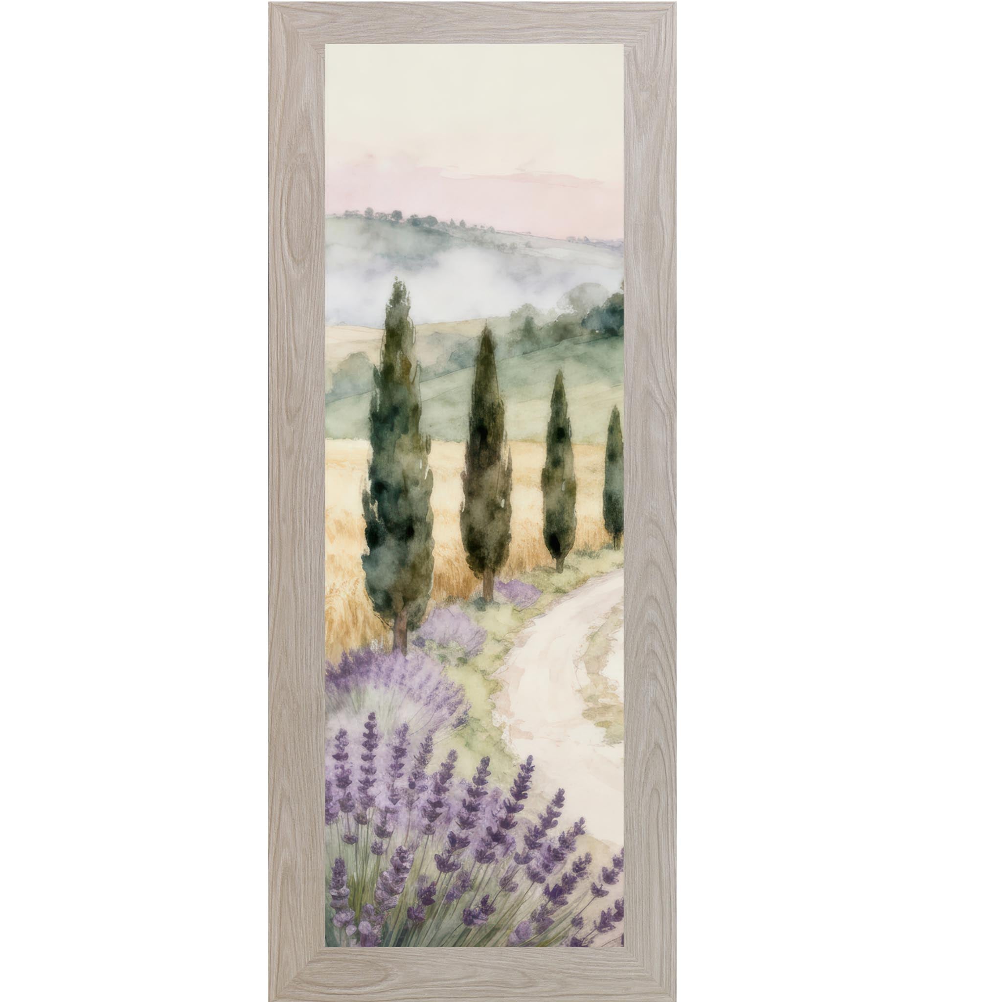 Monte Carlo framed narrow portrait Tuscan watercolor wall art with lavender foreground cypress trees winding path and misty golden fields — Italian countryside slim vertical decor