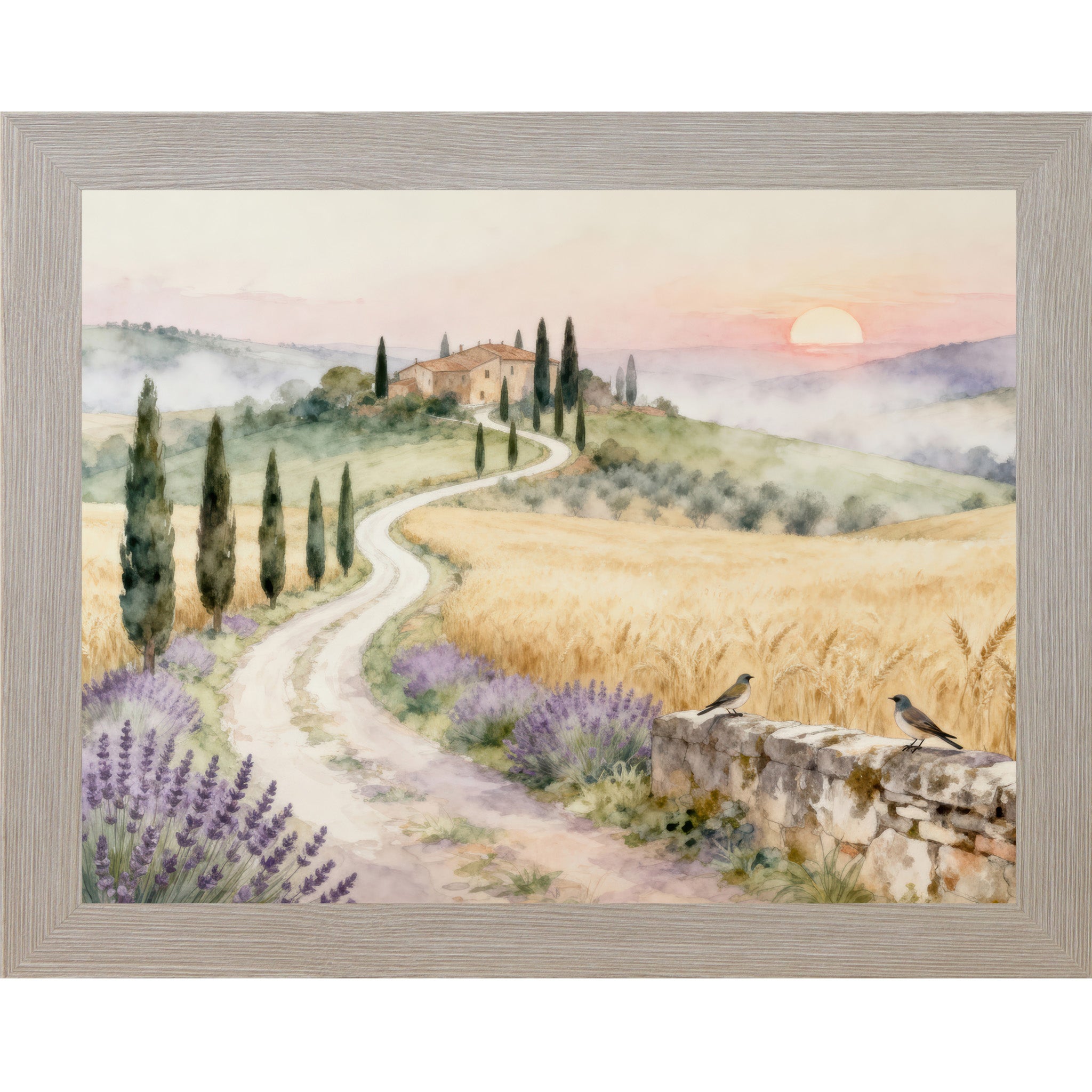 Monte Carlo framed landscape Tuscan watercolor wall art with winding road cypress trees lavender fields and villa at sunrise with two bluebirds on stone wall — triptych center piece