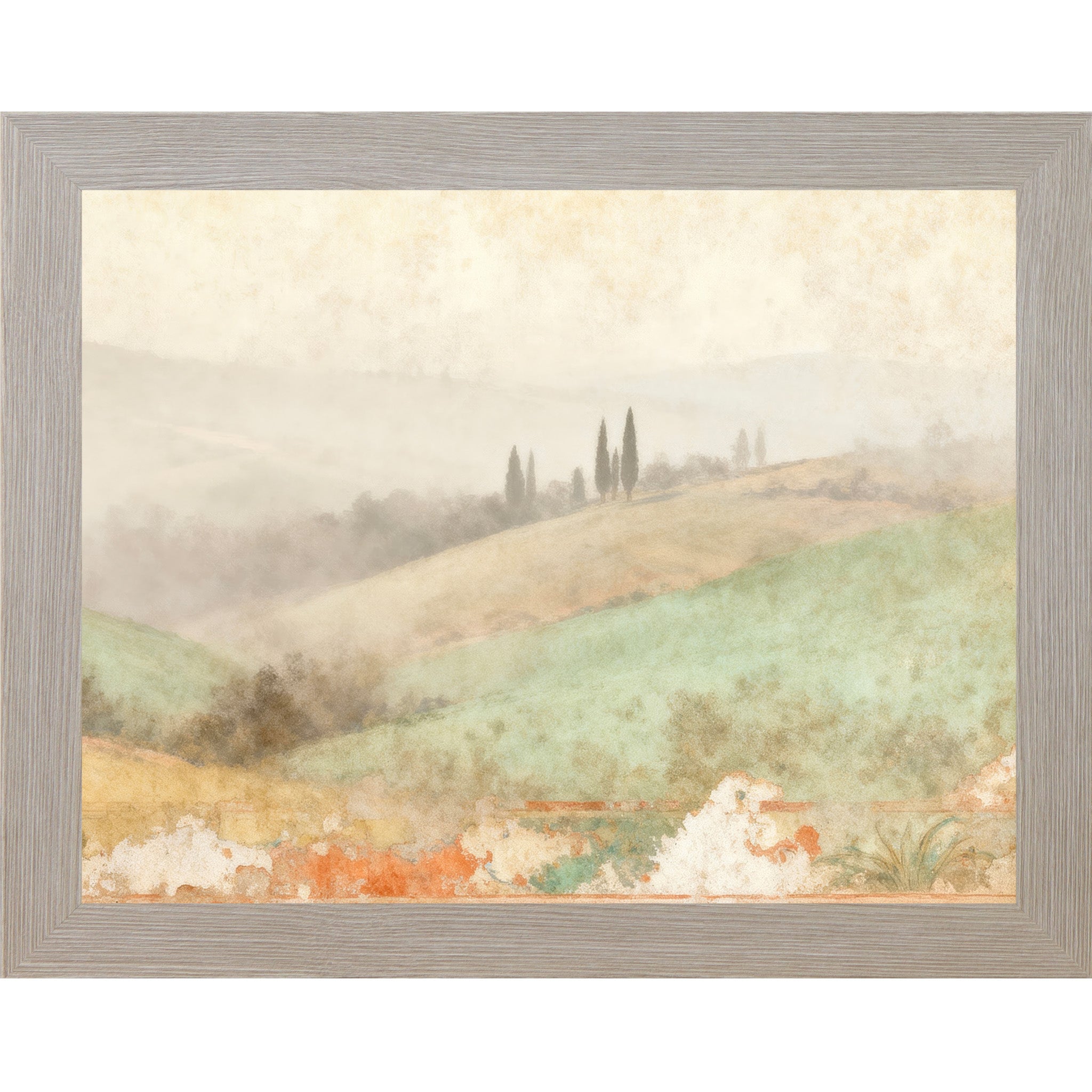 Monte Carlo framed landscape Tuscan wall art with misty valley rolling sage hills and cypress trees with distressed fresco botanical border — Italian countryside companion piece