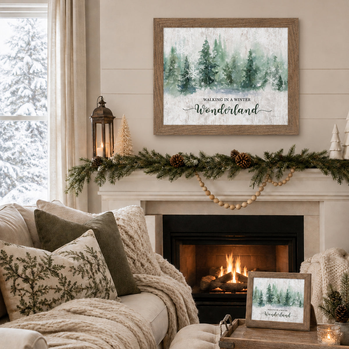 Natural brown framed "Walking In A Winter Wonderland" watercolor pine forest print displayed above a garland-draped mantle with a lit fireplace, wooden bead garland, pinecones, bottle brush trees, and a matching smaller piece on a side table with a lantern