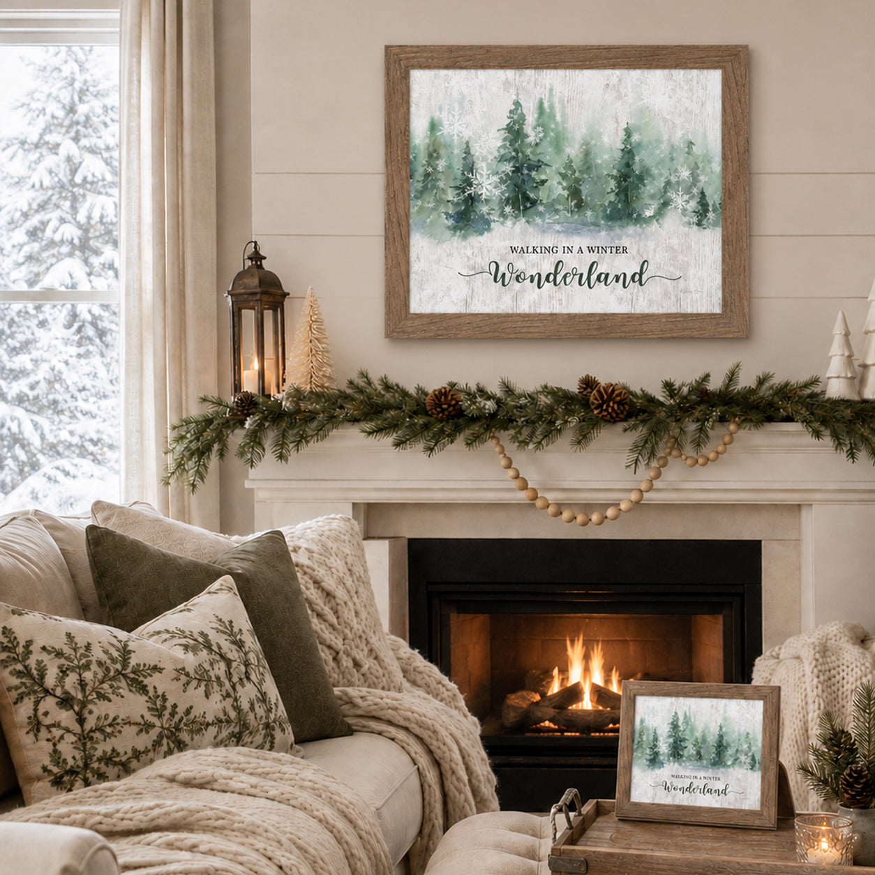 Natural brown framed "Walking In A Winter Wonderland" watercolor pine forest print displayed above a garland-draped mantle with a lit fireplace, wooden bead garland, pinecones, bottle brush trees, and a matching smaller piece on a side table with a lantern