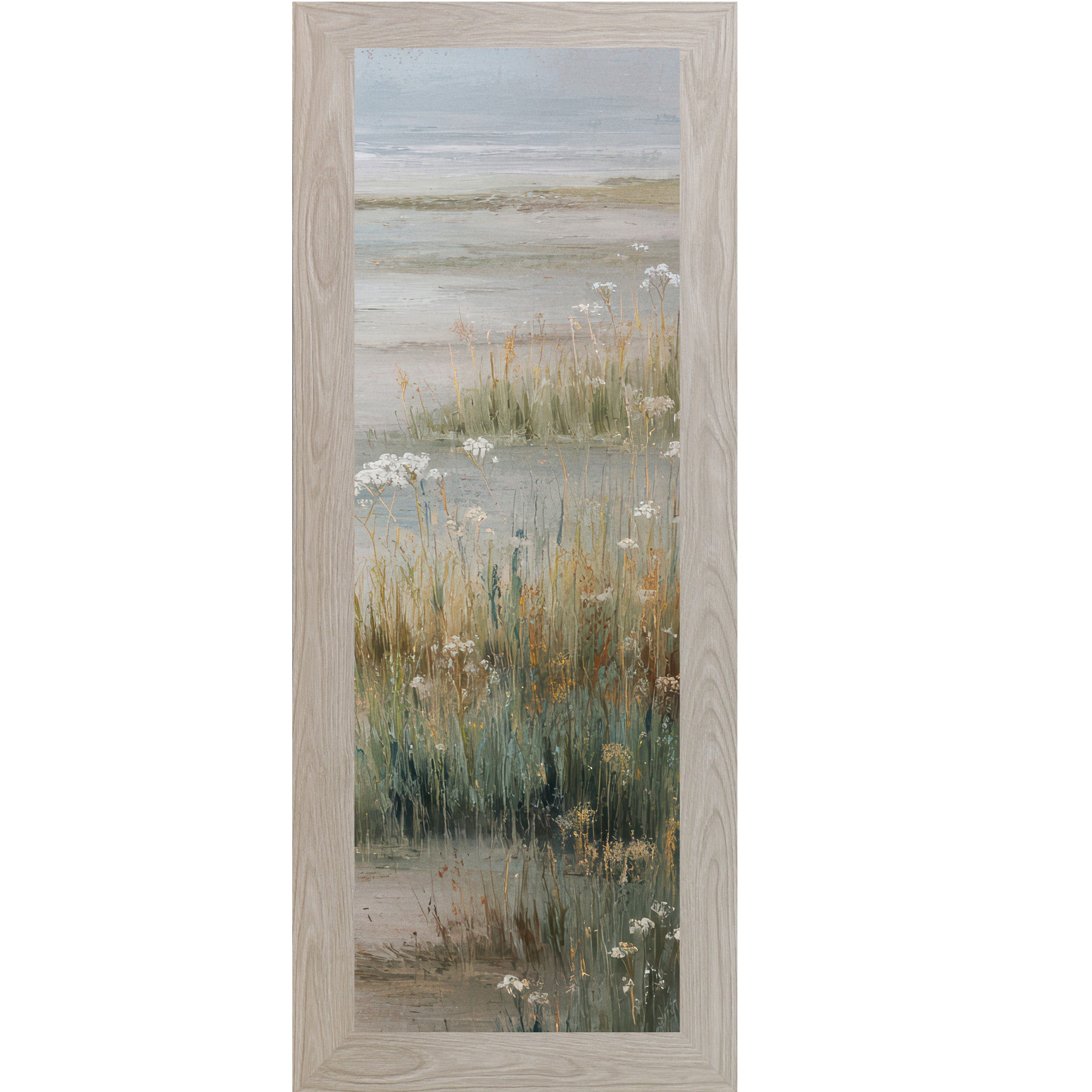 Monte Carlo framed narrow portrait coastal marsh wall art with deep teal marsh grasses golden wildflowers white Queen Anne's Lace and misty tidal flat — right panel of coastal triptych