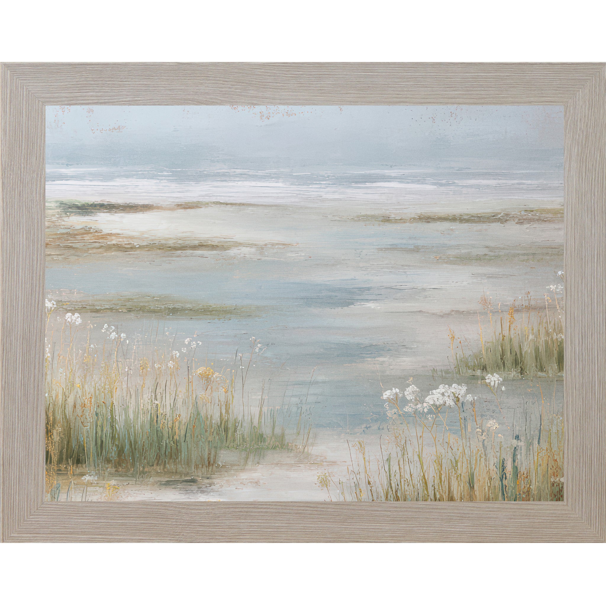 Monte Carlo framed landscape coastal marsh wall art with tall tidal grasses Queen Anne's Lace wildflowers and misty steel blue tidal flats — neutral painterly wetland scenic decor