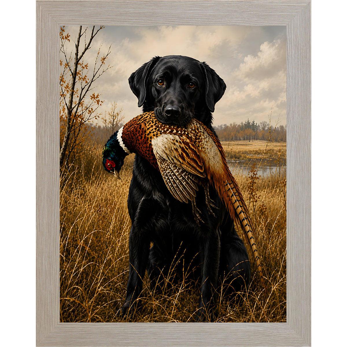 Monte Carlo framed portrait heritage hunting dog wall art featuring a black Labrador holding a pheasant in a golden autumn field