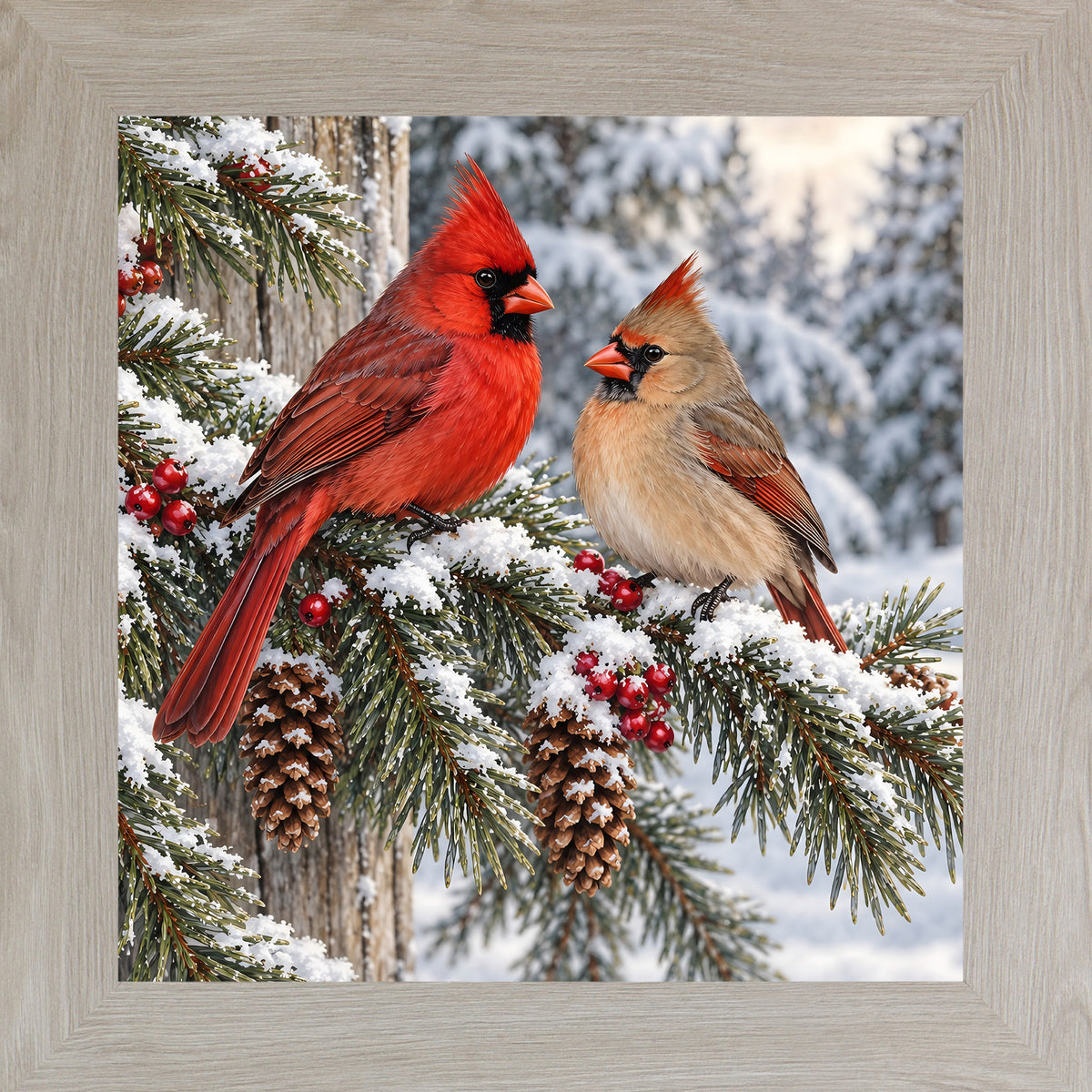 Monte Carlo framed square winter cardinal wall art featuring a pair of red and tan cardinals perched on a snowy pine branch with pinecones and red berries