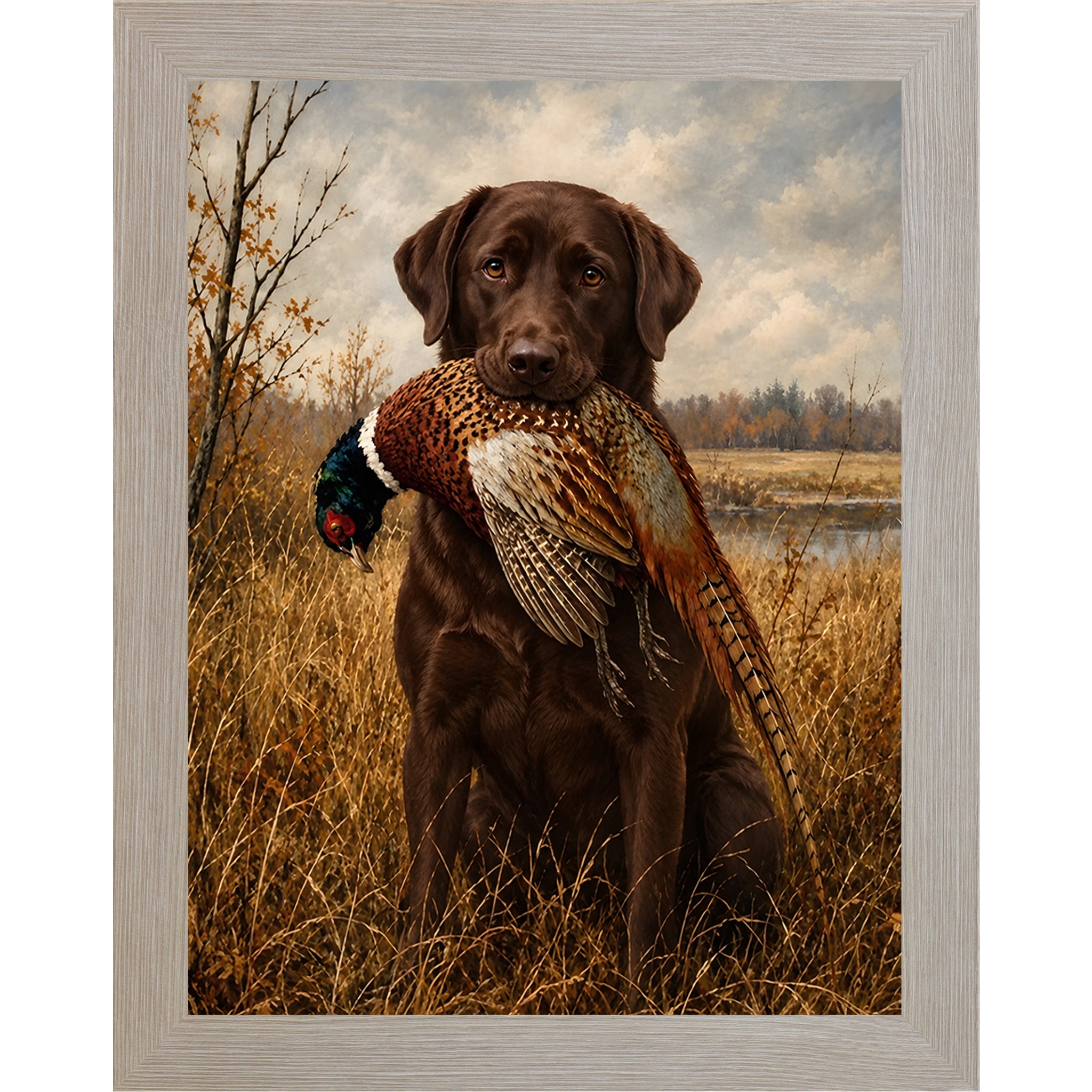 Monte Carlo framed portrait heritage hunting dog wall art featuring a chocolate Labrador holding a pheasant in a golden autumn field