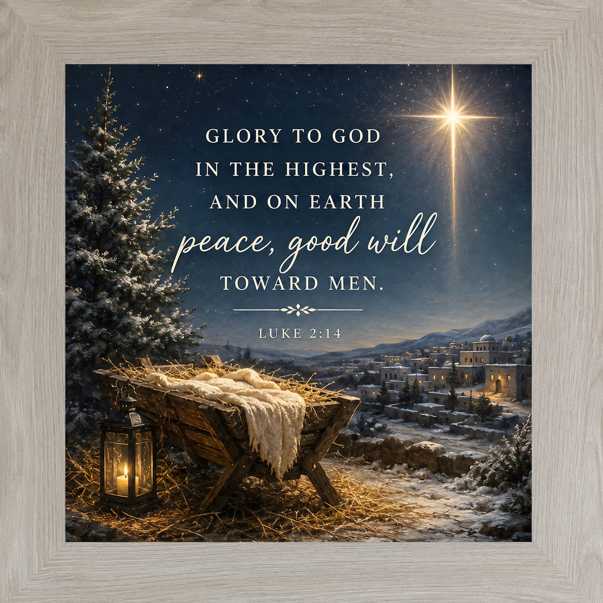 "Glory to God in the Highest nativity wall art in a Monte Carlo frame, featuring Luke 2:14 scripture, starry night sky, and snowy pine tree"