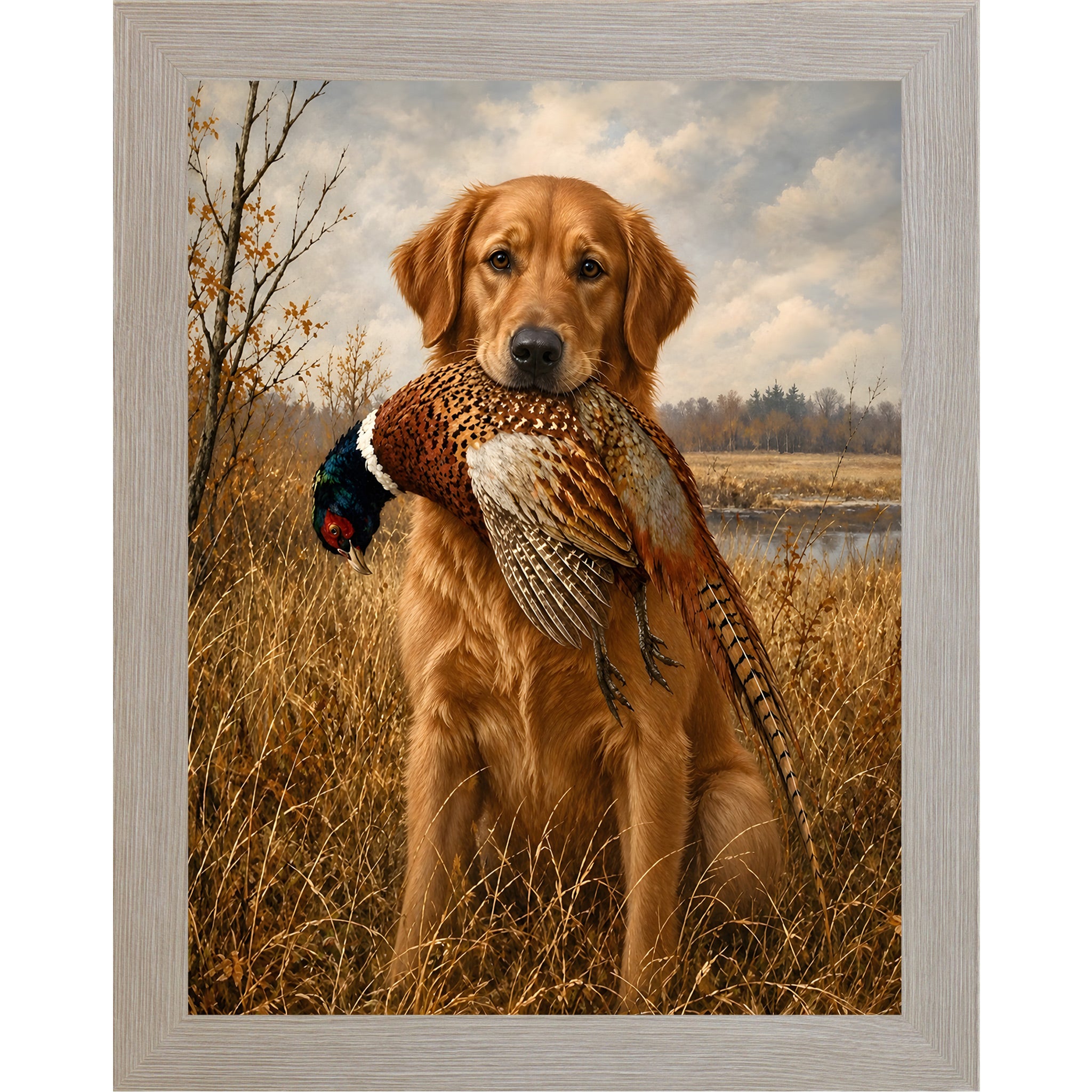 Monte Carlo framed portrait heritage hunting dog wall art featuring a golden retriever holding a pheasant in a golden autumn field