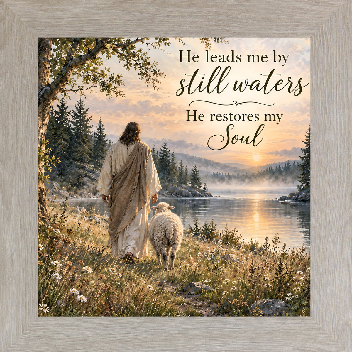 Monte Carlo framed square Christian wall art featuring Christ walking beside a lamb at a sunset lake with the words "He Leads Me By Still Waters He Restores My Soul"