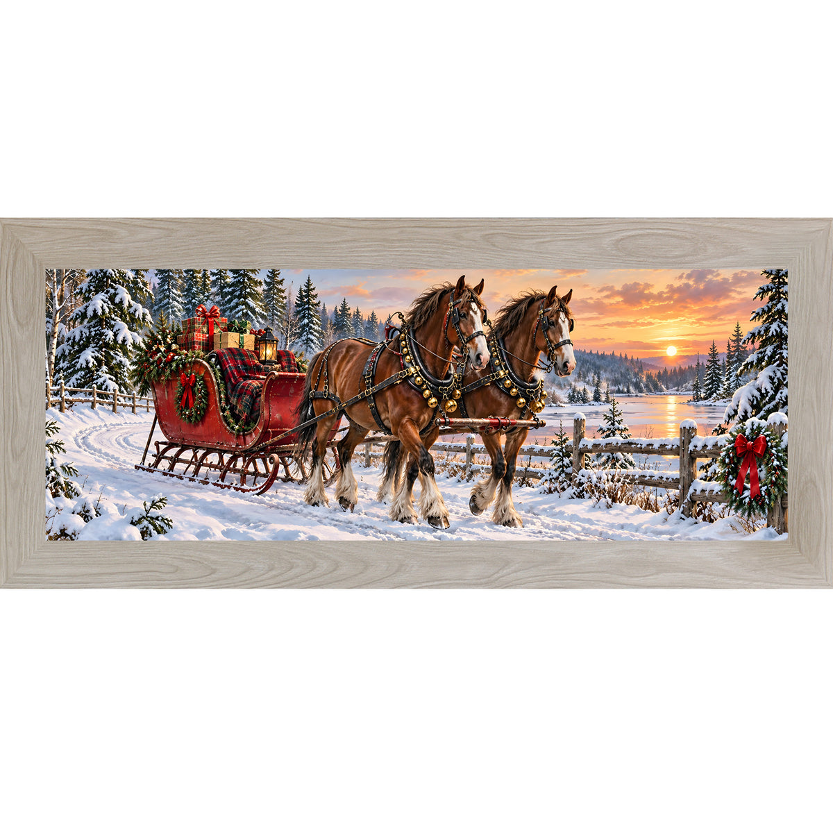 Horse-drawn sleigh wall art in Monte Carlo frame, winter sunset sleigh ride