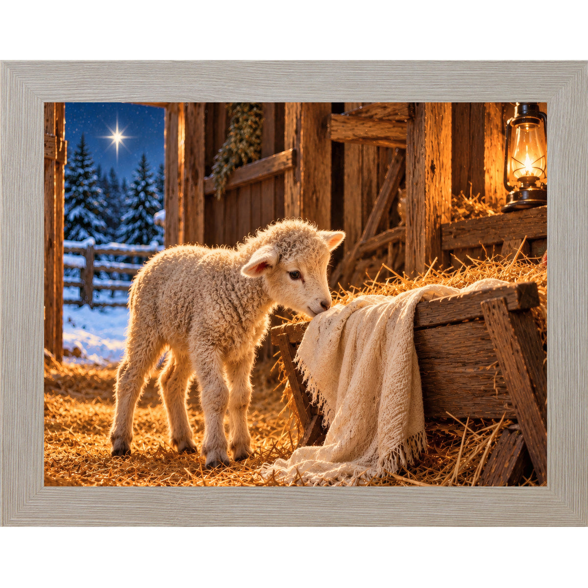 Monte Carlo framed landscape nativity wall art featuring a newborn lamb beside a wooden manger with hay, a lantern, and the Star of Bethlehem over snowy pines