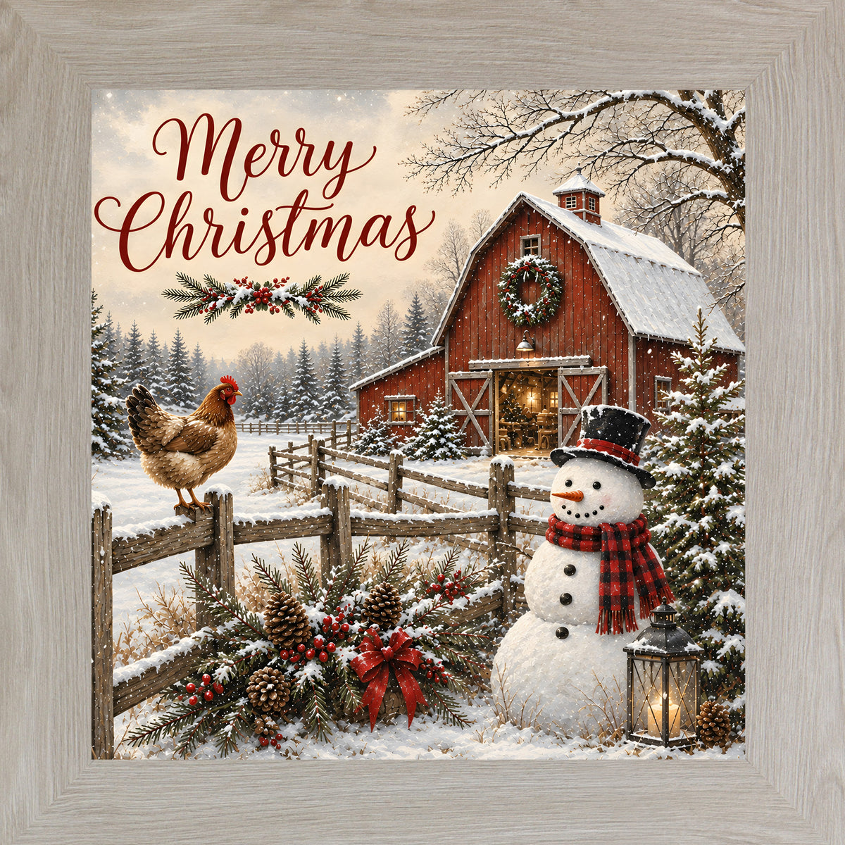 Monte Carlo framed square Christmas wall art featuring a snowman and hen beside a red barn with the words "Merry Christmas"