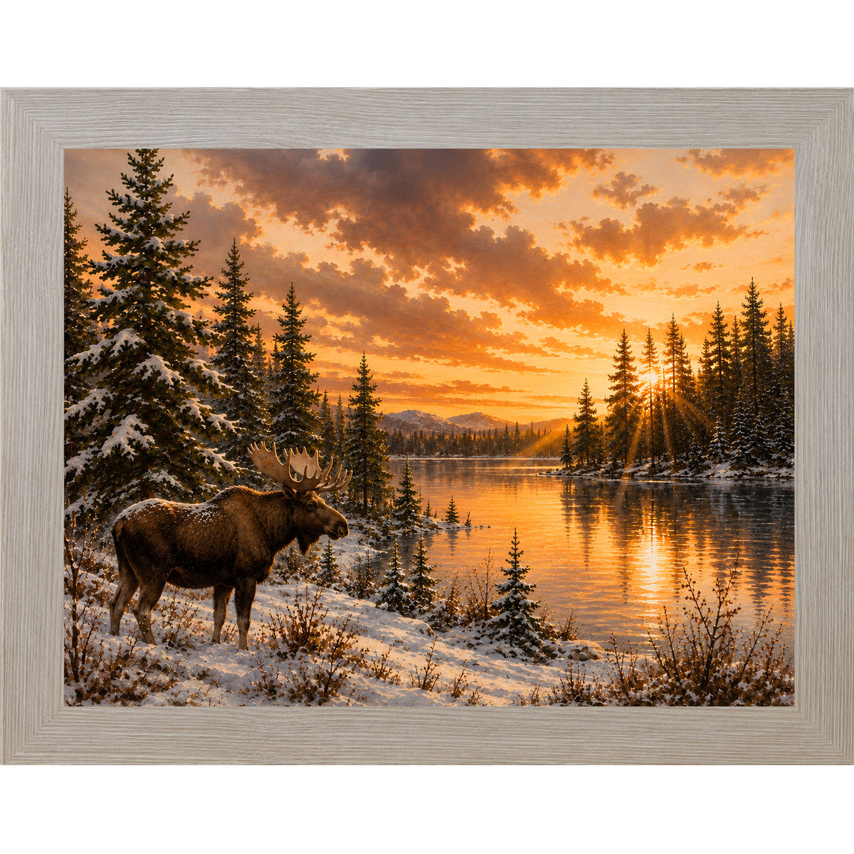 Monte Carlo framed landscape wall art featuring a moose standing along a sunlit snowy lakeshore at golden hour