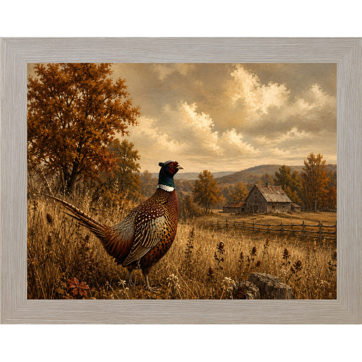 Monte Carlo framed landscape vintage sporting wall art featuring a ring-necked pheasant standing in a golden autumn field with a barn in the distance