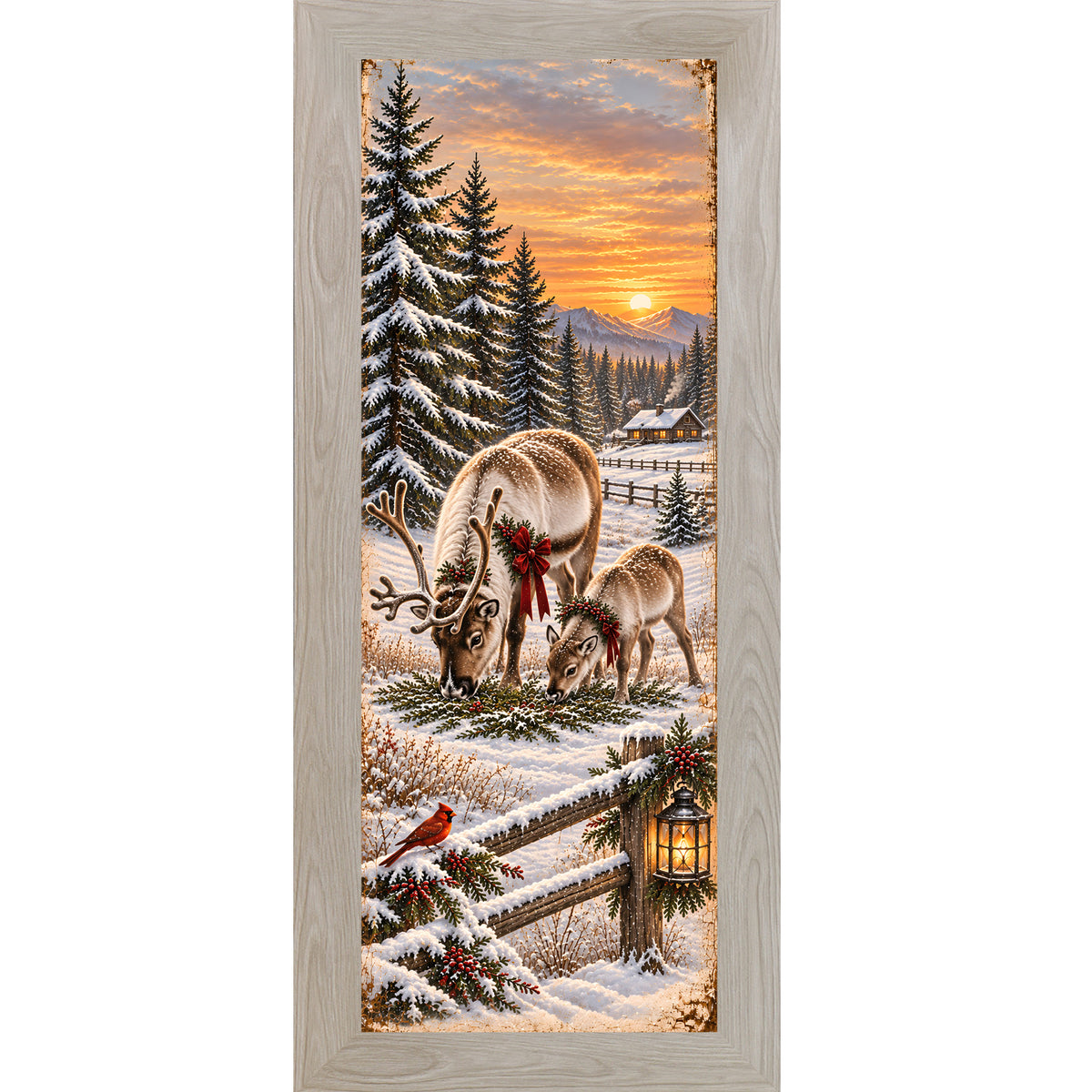 Reindeer and cardinal wall art in Monte Carlo frame, snowy winter reindeer scene
