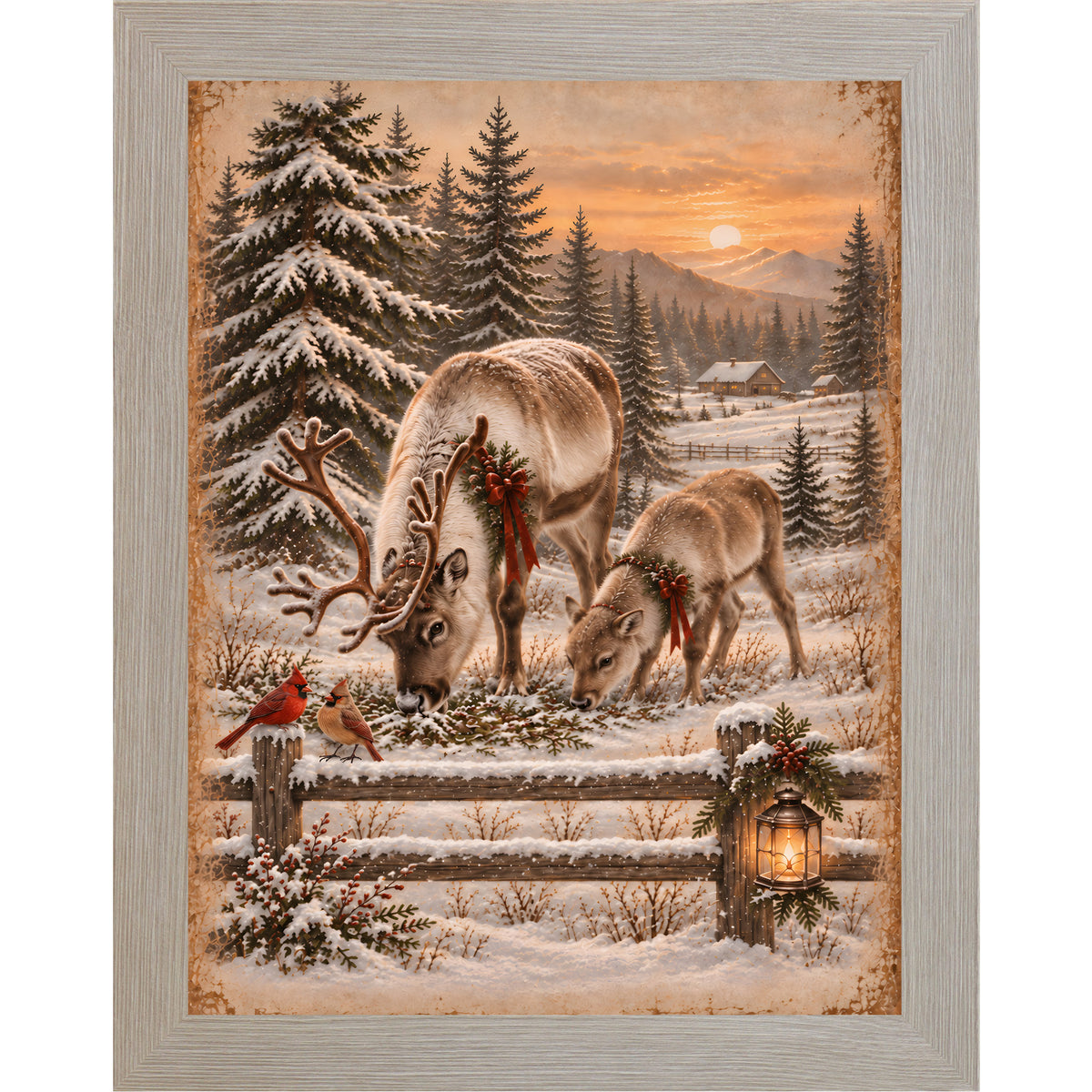 Reindeer and cardinals wall art in Monte Carlo frame, winter cardinal pair scene