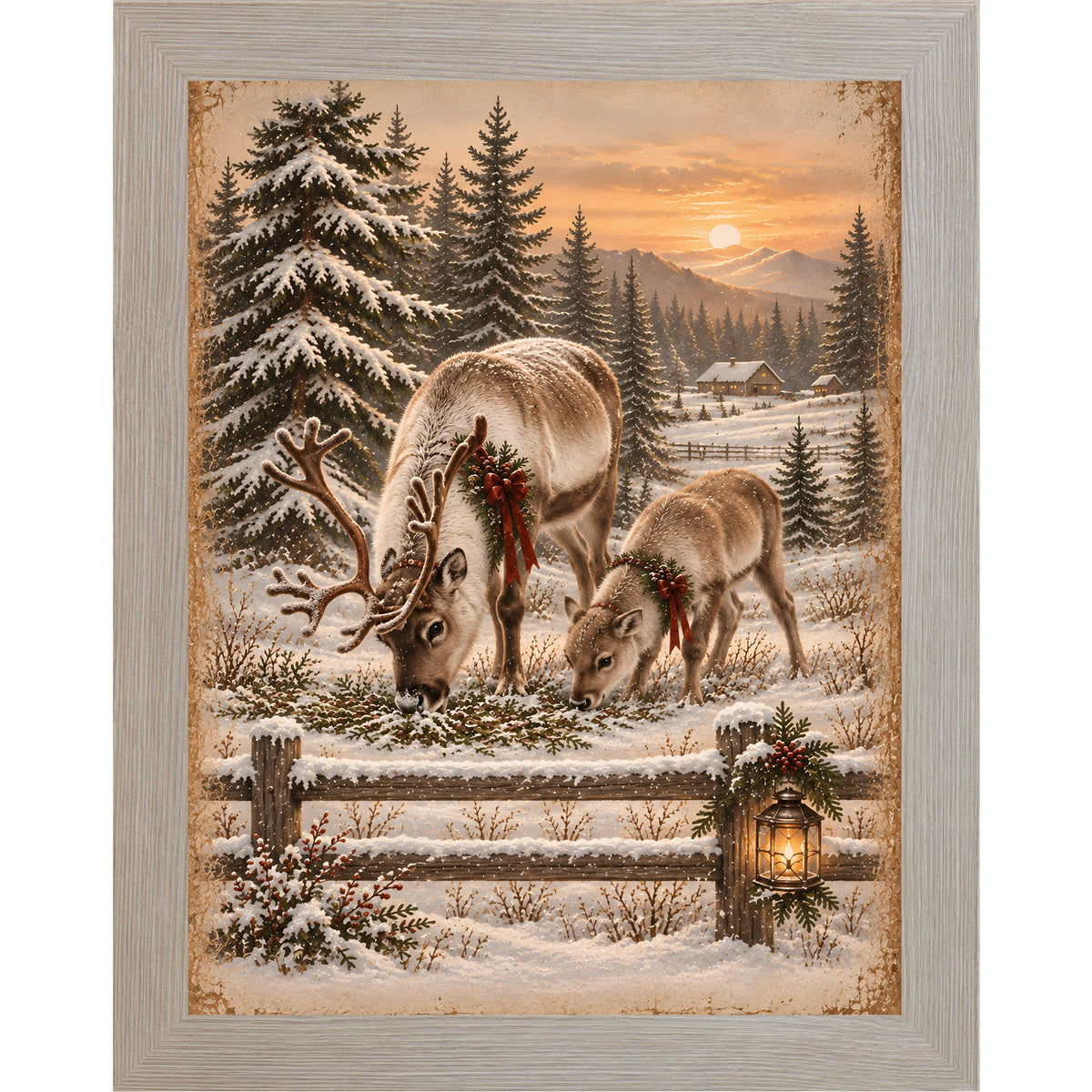 Reindeer at sunset wall art in Monte Carlo frame, winter mountain sunset scene
