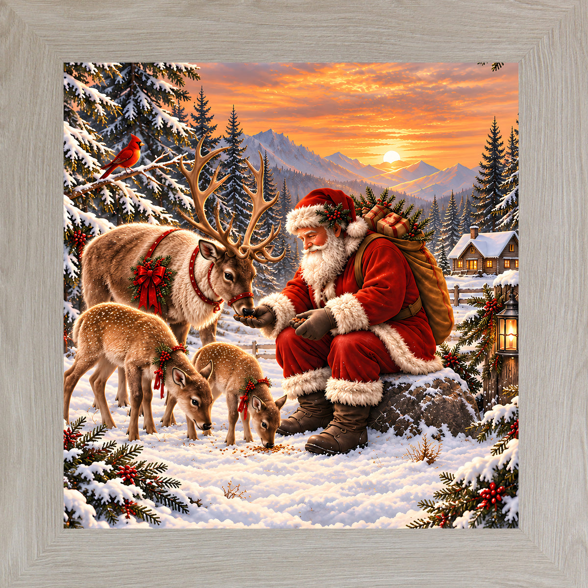 Santa feeding his reindeer wall art in black frame, Santa with reindeer and fawns