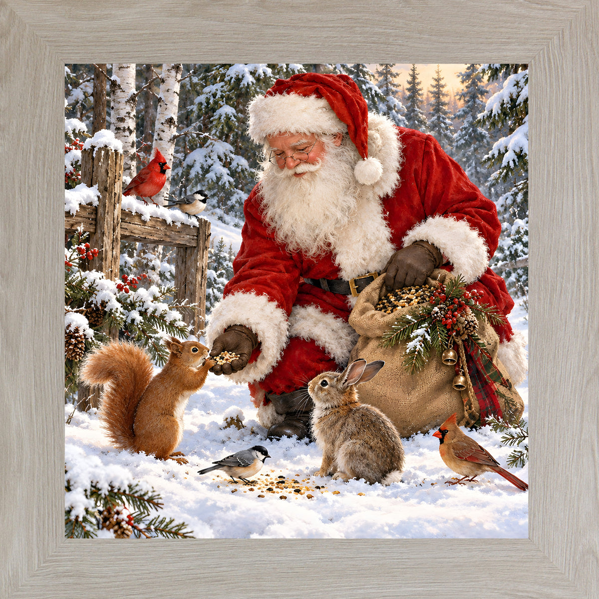 Monte Carlo framed square Santa Claus Christmas wall art featuring Santa feeding a squirrel, rabbit, chickadee, and cardinal in a snowy forest