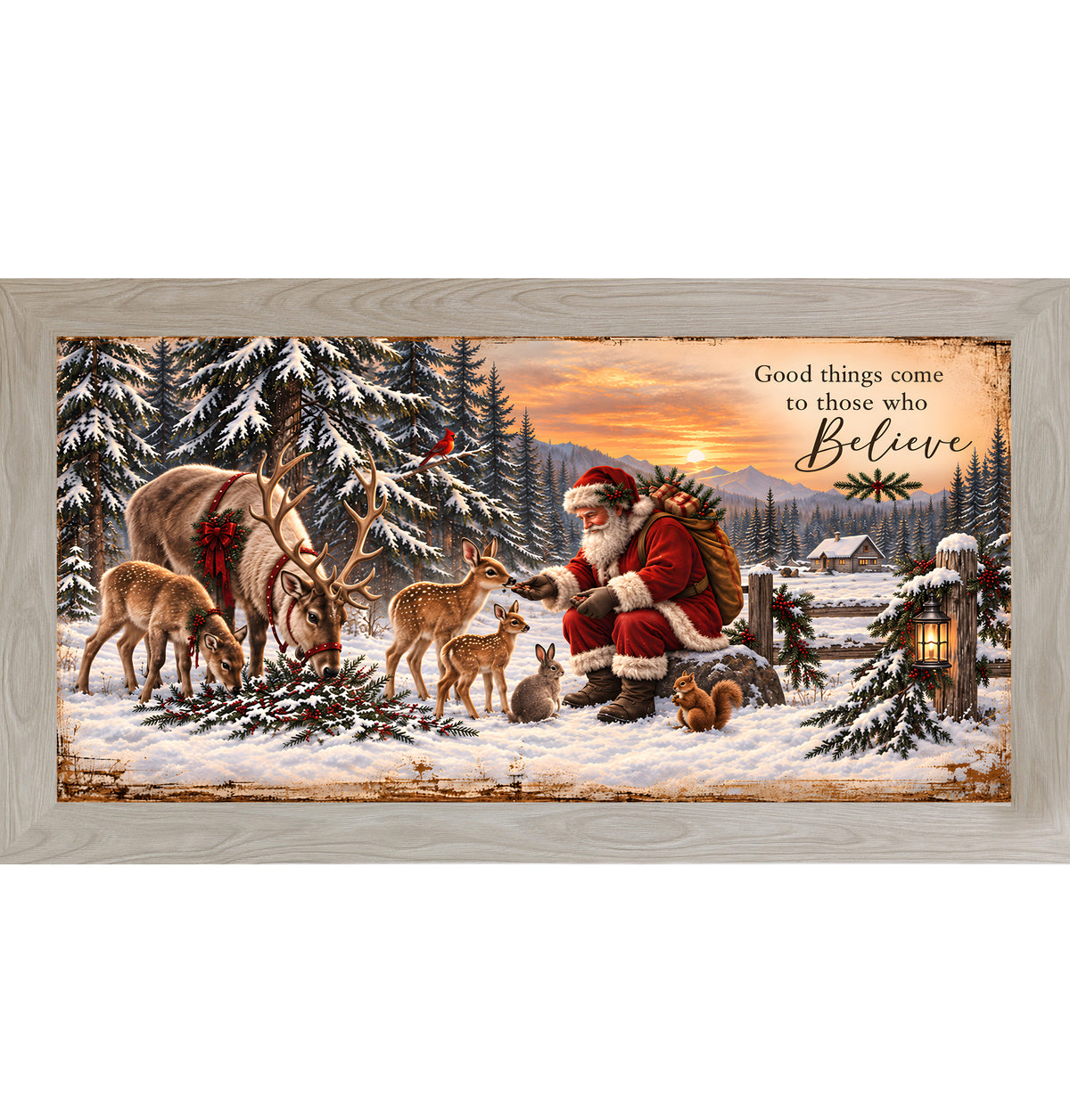 Santa feeding the animals wall art in Monte Carlo frame, storybook Christmas woodland scene