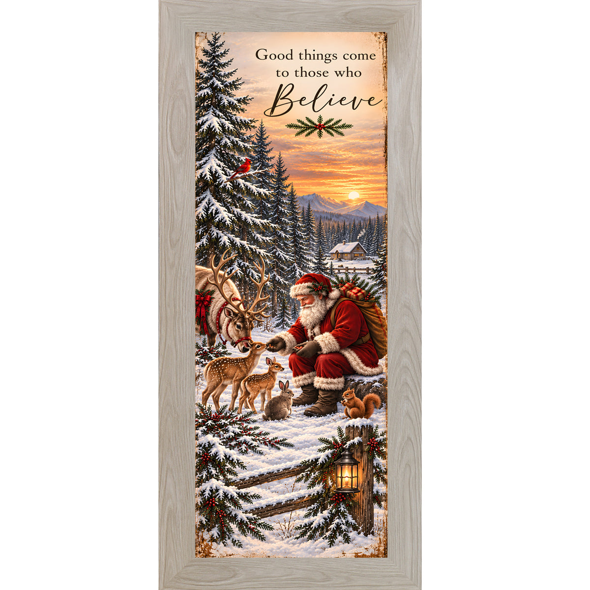 Santa feeding the animals wall art in Monte Carlo frame, Santa with cardinal and reindeer