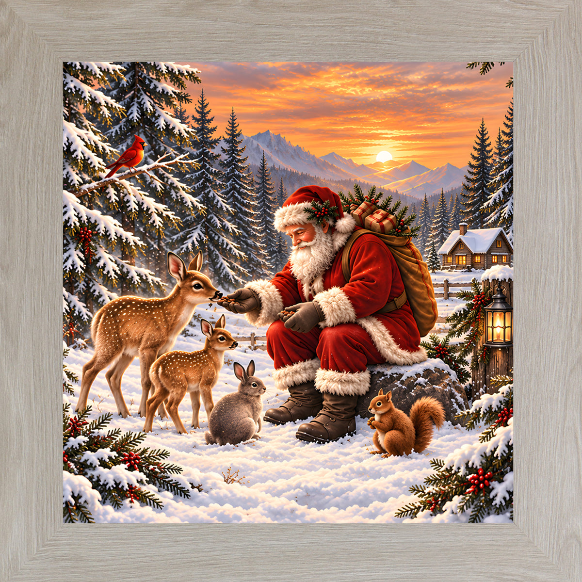 Santa feeding forest animals wall art in Monte Carlo frame, storybook Christmas scene