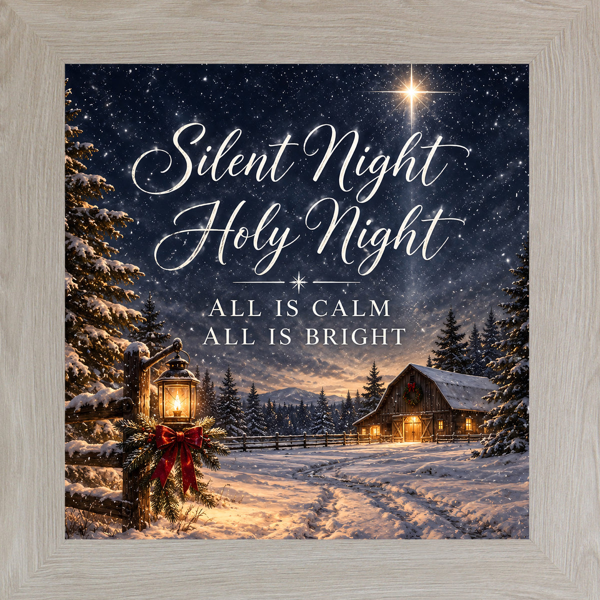 "Monte Carlo framed square Christmas wall art featuring a snowy barn, lantern, and Star of Bethlehem with the words Silent Night Holy Night"