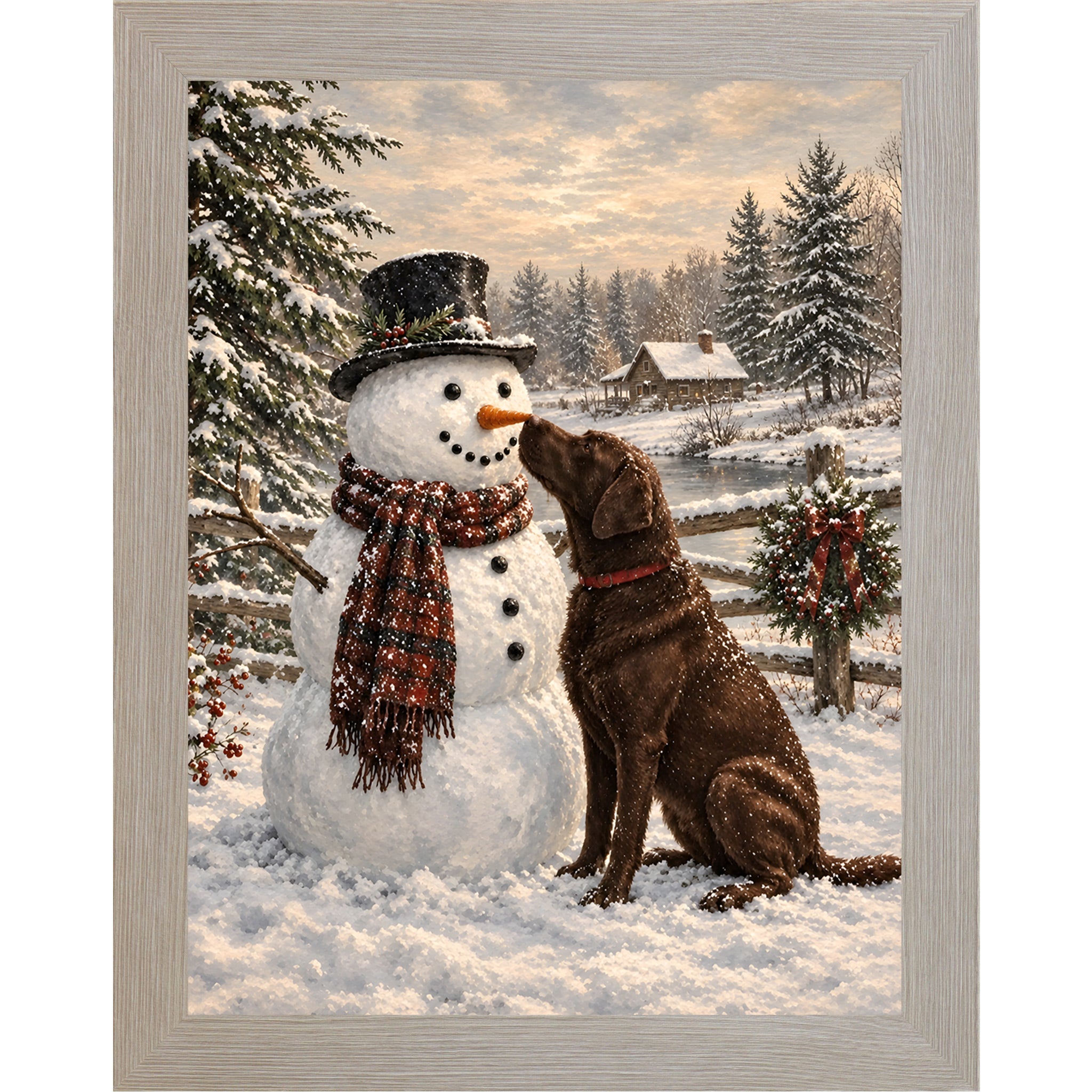 Monte Carlo framed portrait heritage Christmas wall art featuring a chocolate Labrador nosing a top-hatted snowman in a plaid scarf against a snowy countryside scene