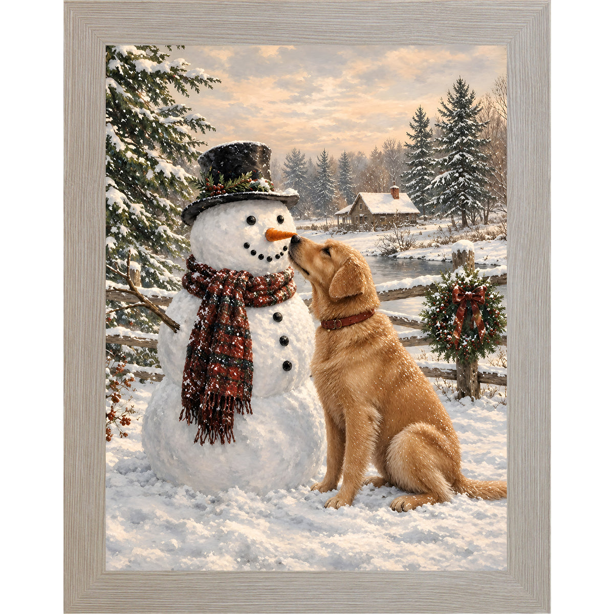 Monte Carlo framed portrait heritage Christmas wall art featuring a golden retriever nosing a top-hatted snowman in a plaid scarf against a snowy countryside scene