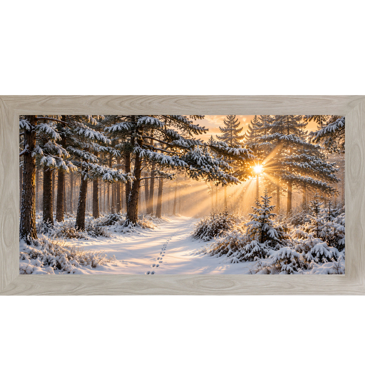 Snowy forest sunrise wall art in a Monte Carlo frame, winter woods with a single snowy footpath