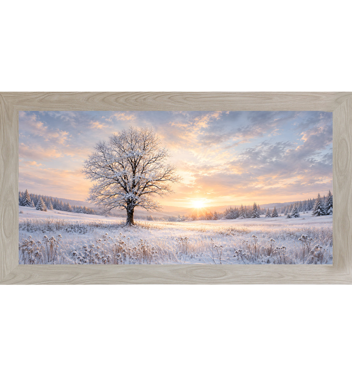 Monte Carlo framed wide panoramic winter wall art featuring a snow-dusted tree against a glowing sunset stretching across a snowy field