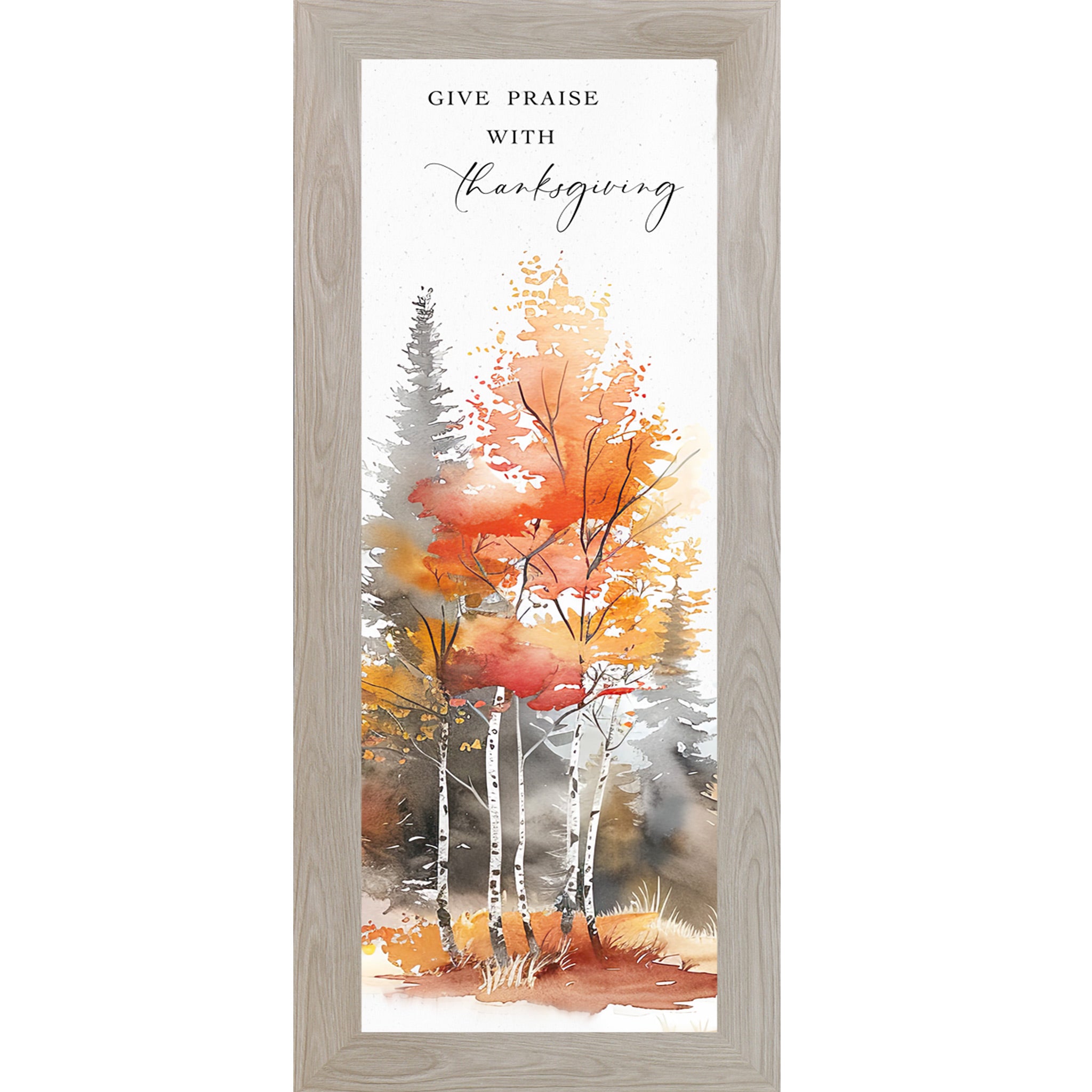 Monte Carlo framed narrow portrait fall scripture wall art featuring vivid watercolor autumn orange red and birch forest trees with the words Give Praise With Thanksgiving in elegant mixed typography — SN785