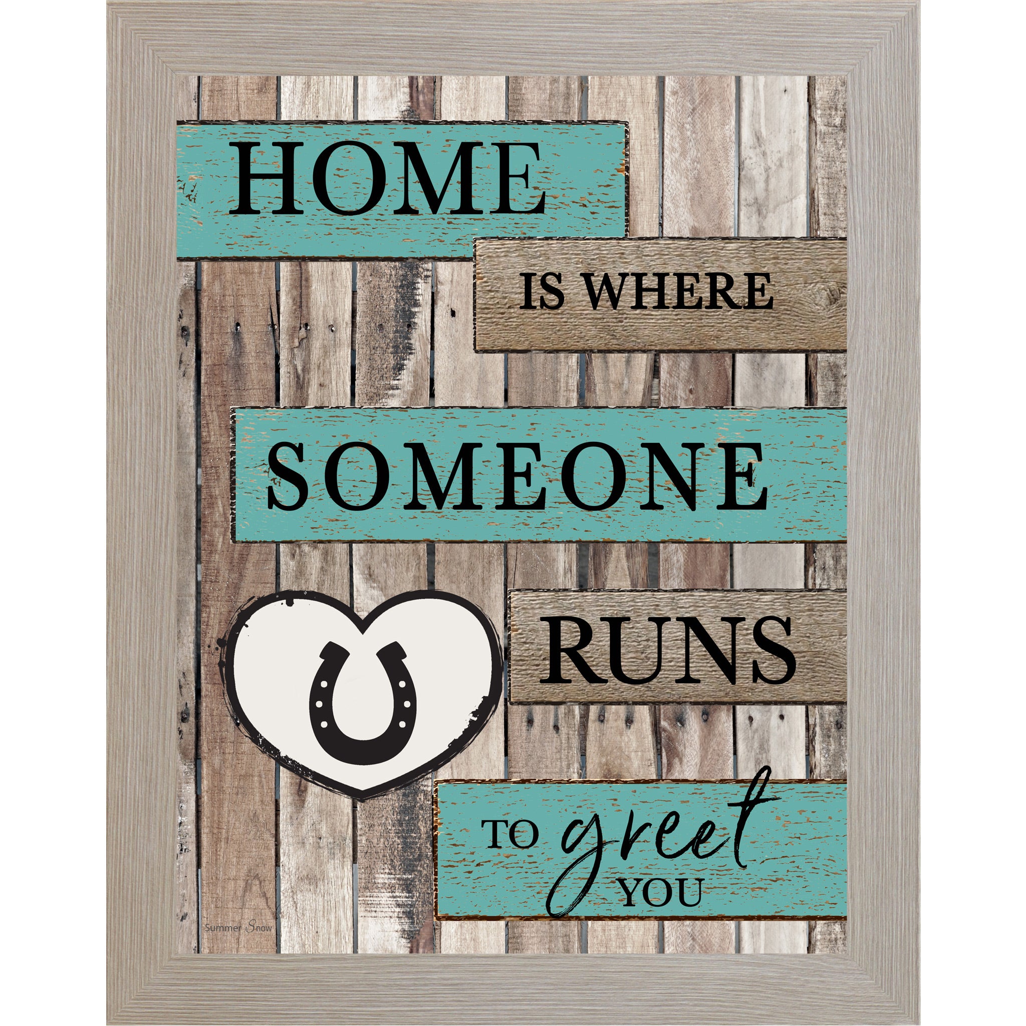Monte Carlo framed portrait rustic pallet wood horse wall art with turquoise and wood plank banners reading Home Is Where Someone Runs to Greet You with a white horseshoe heart icon