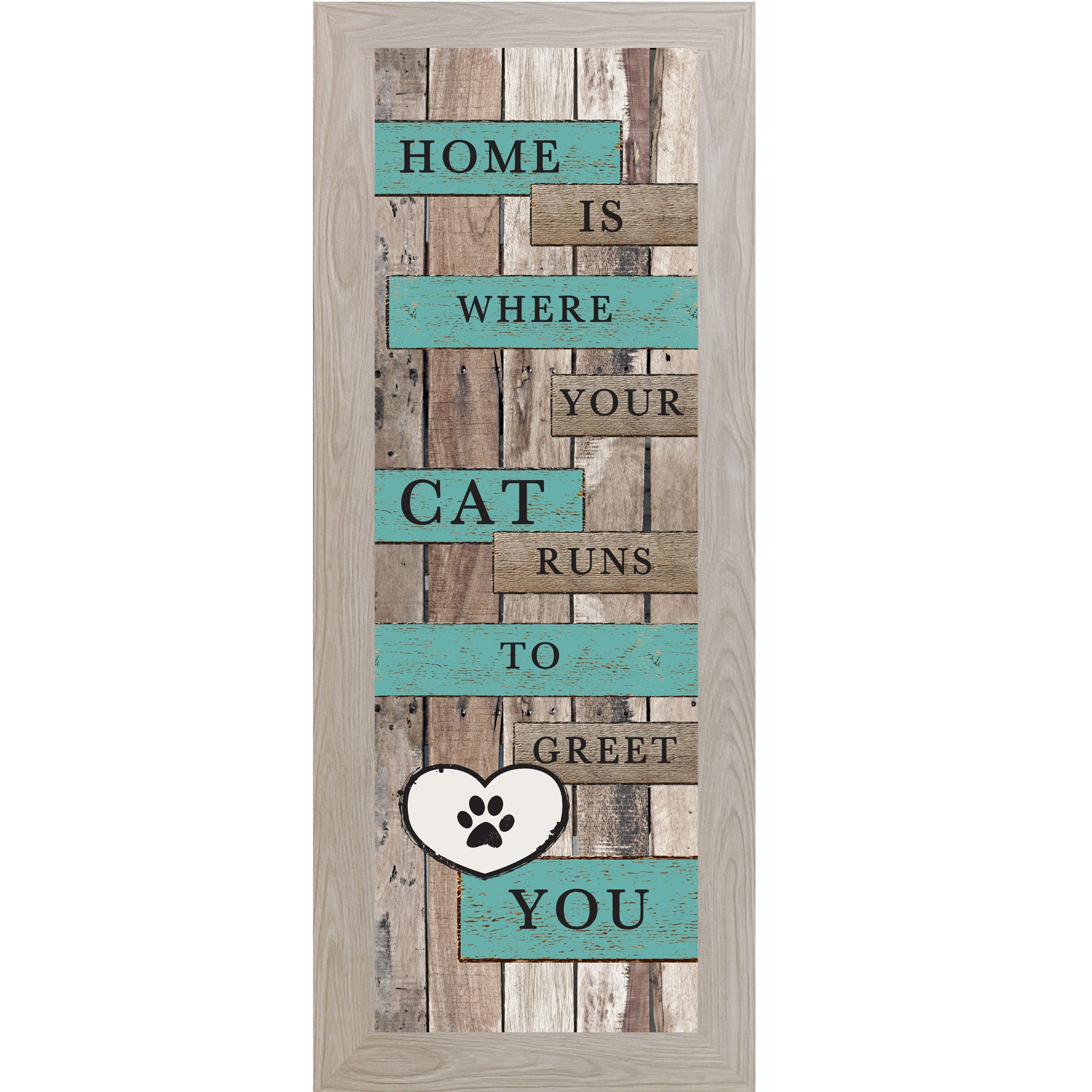 Monte Carlo framed narrow portrait rustic pallet wood cat wall art with turquoise and wood plank banners reading Home Is Where Your Cat Runs to Greet You with a white paw print heart icon