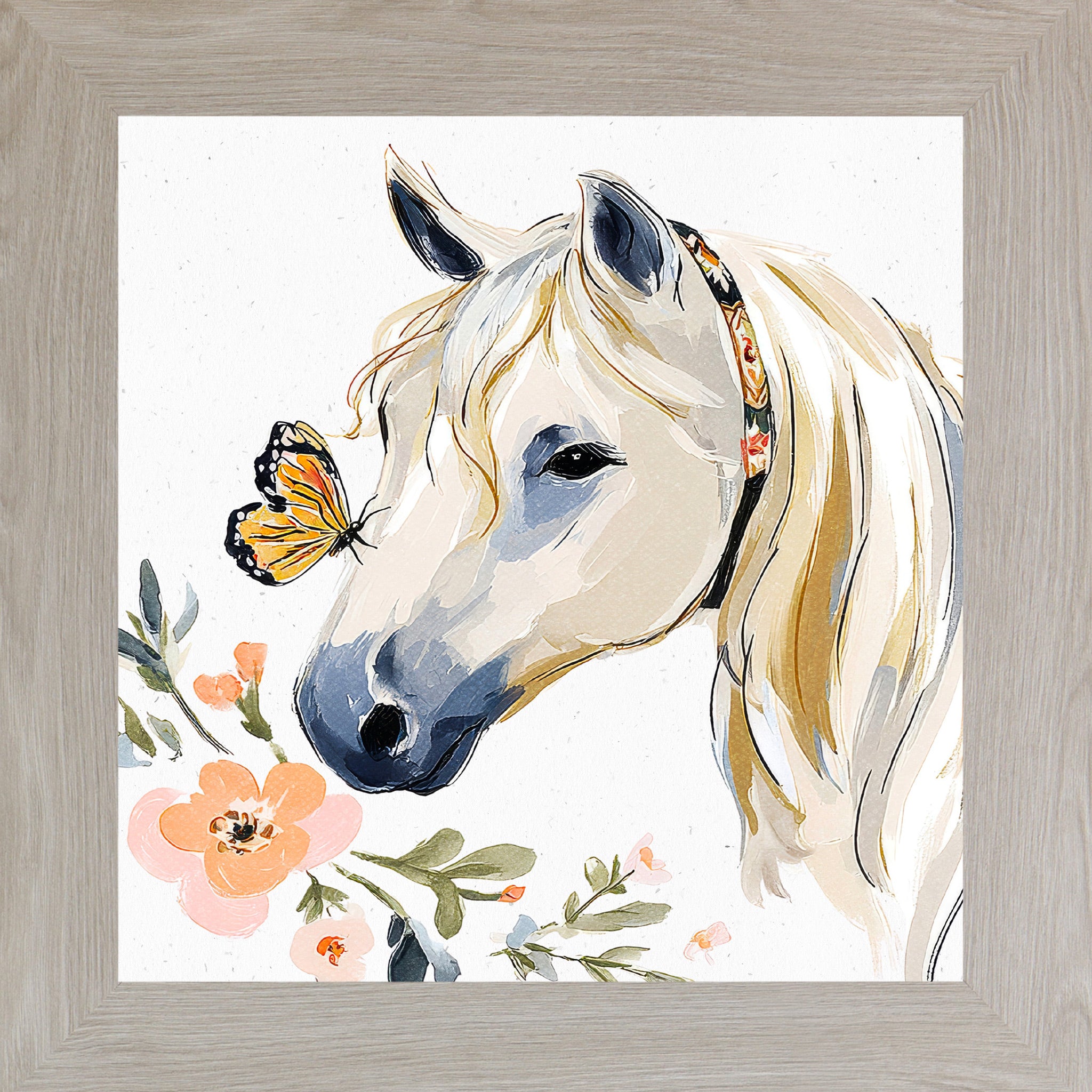 Monte Carlo framed square watercolor horse wall art featuring a white horse with a monarch butterfly on its nose surrounded by peach florals and a boho floral headstall on a white background