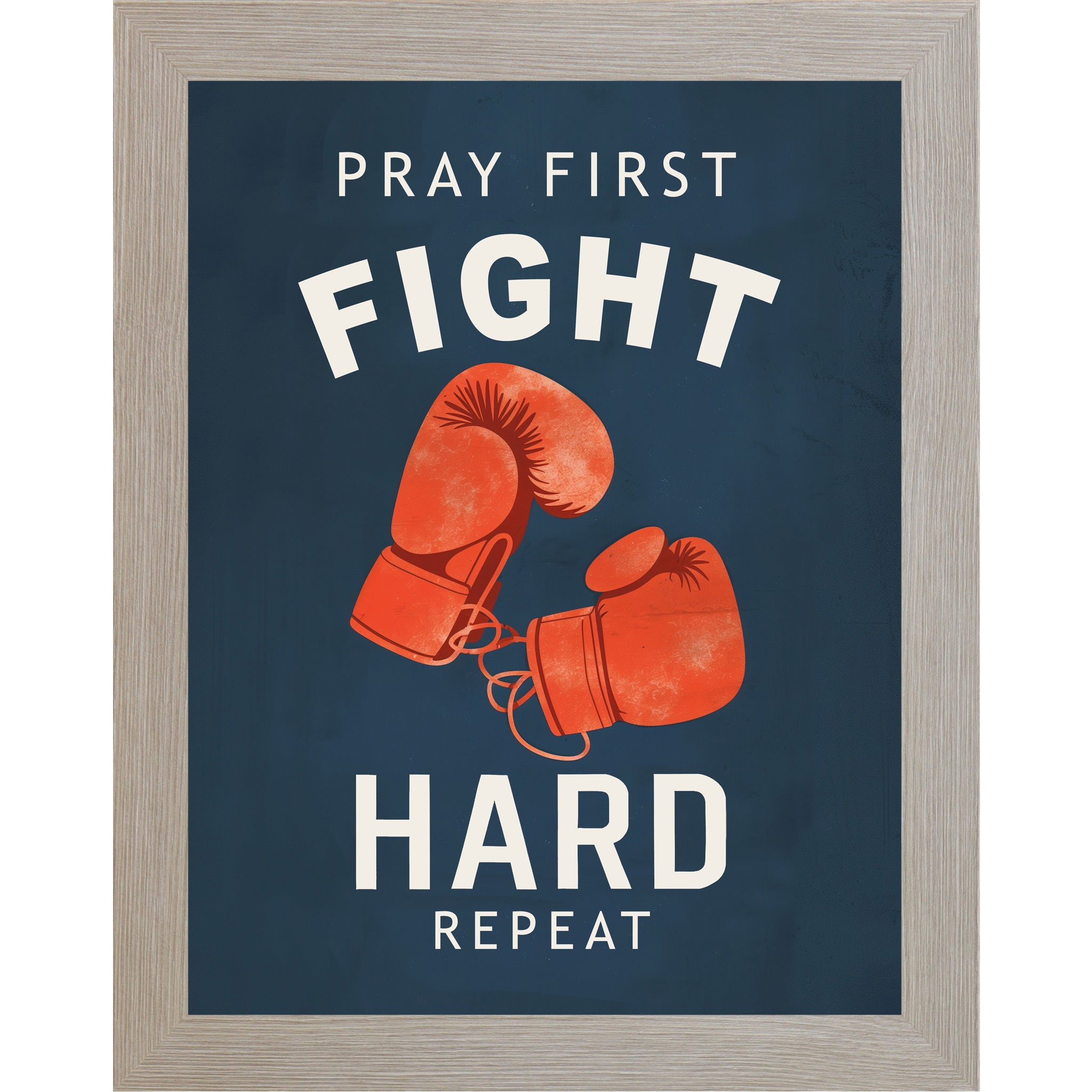 Monte Carlo framed portrait Christian boxing wall art on navy blue background with bold cream varsity typography and vivid red boxing gloves with the words Pray First Fight Hard Repeat — SB262