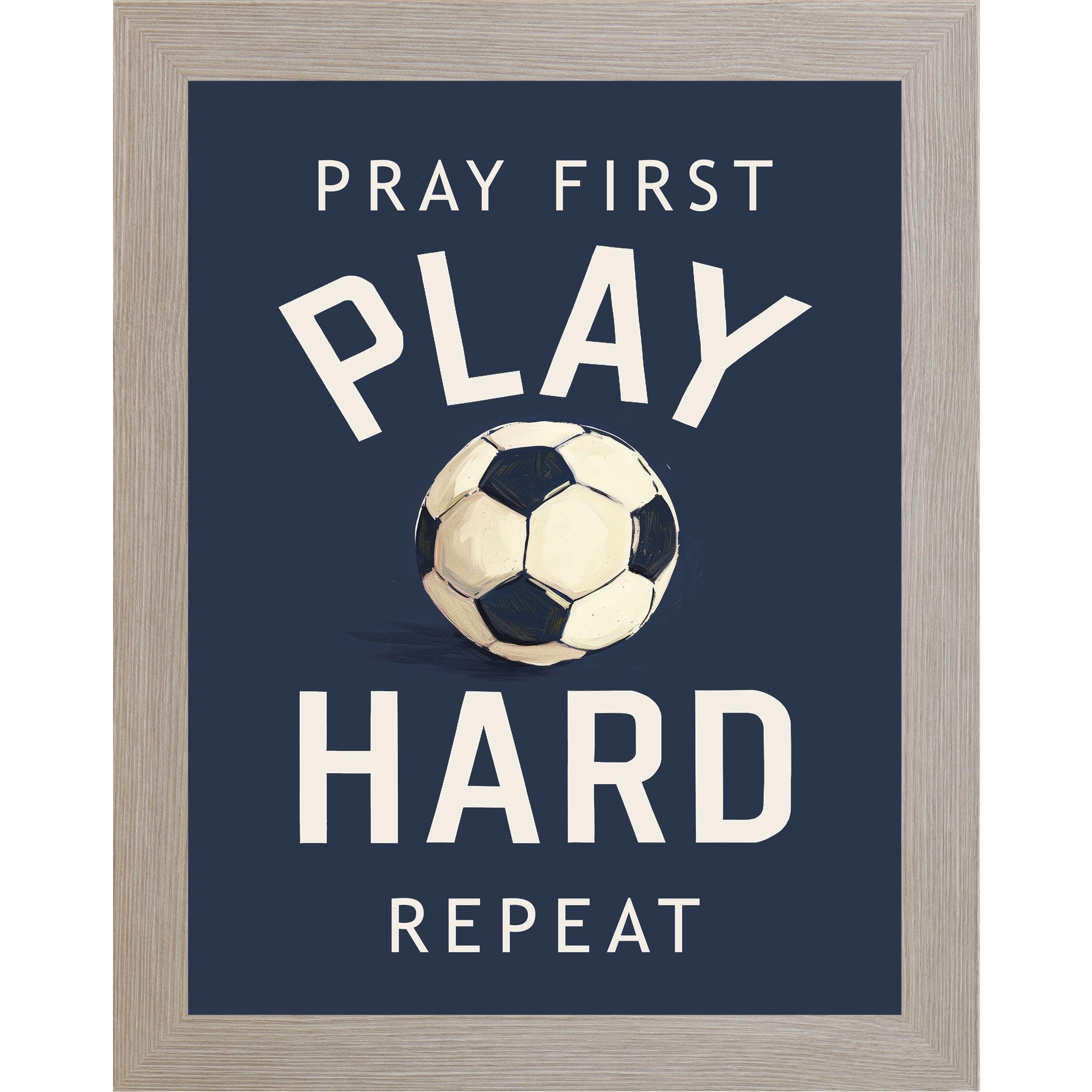Monte Carlo framed portrait Christian soccer wall art on navy blue background with bold cream varsity typography and vivid watercolor soccer ball with the words Pray First Play Hard Repeat — SB261