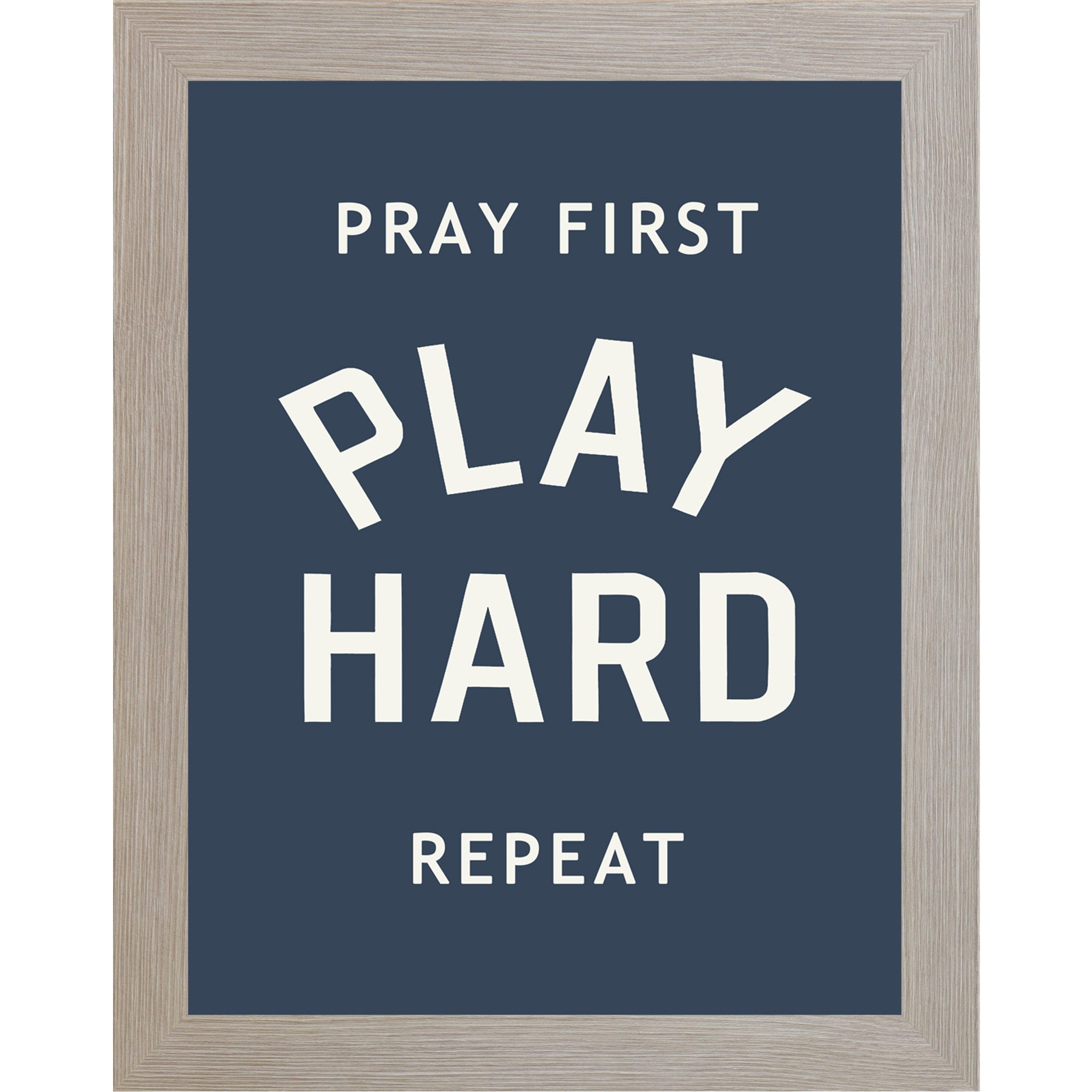 Monte Carlo framed portrait Christian sports wall art on navy blue background with bold cream varsity typography and the words Pray First Play Hard Repeat — SB257