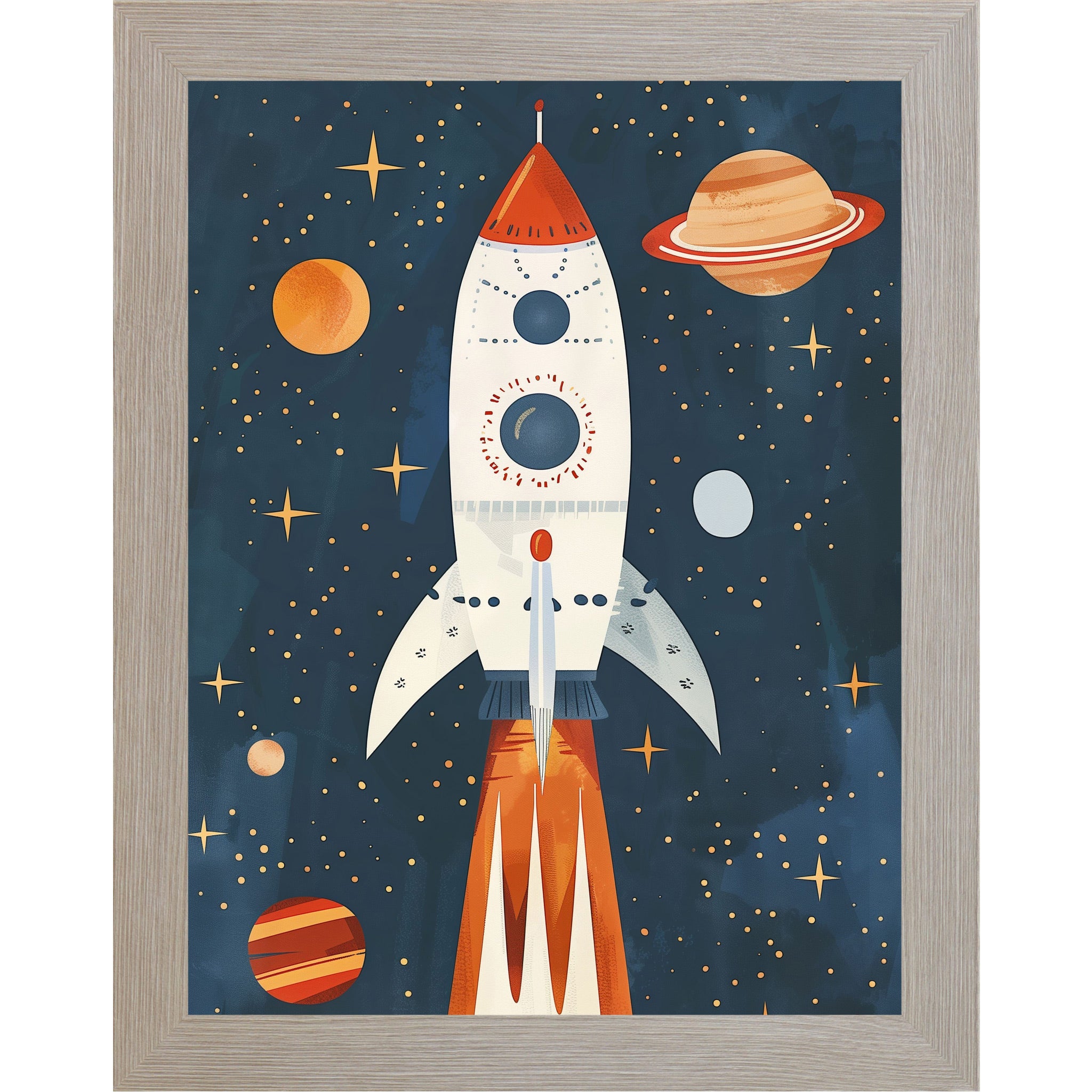 Monte Carlo framed portrait space wall art featuring a vivid rocket ship blasting off through a star-filled navy sky with glowing planets — SB265