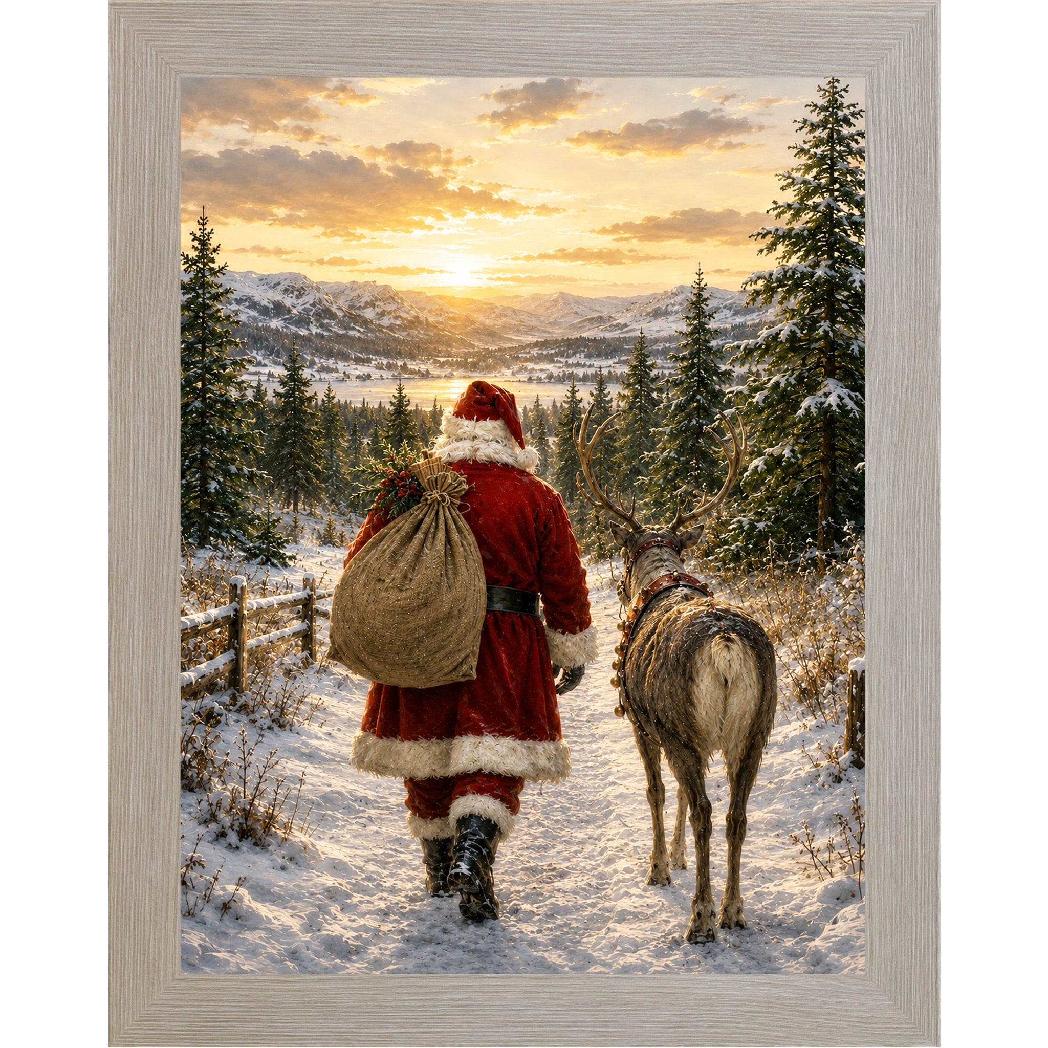 Monte Carlo framed portrait heritage Christmas wall art featuring Santa walking a snowy mountain path at sunrise beside a reindeer