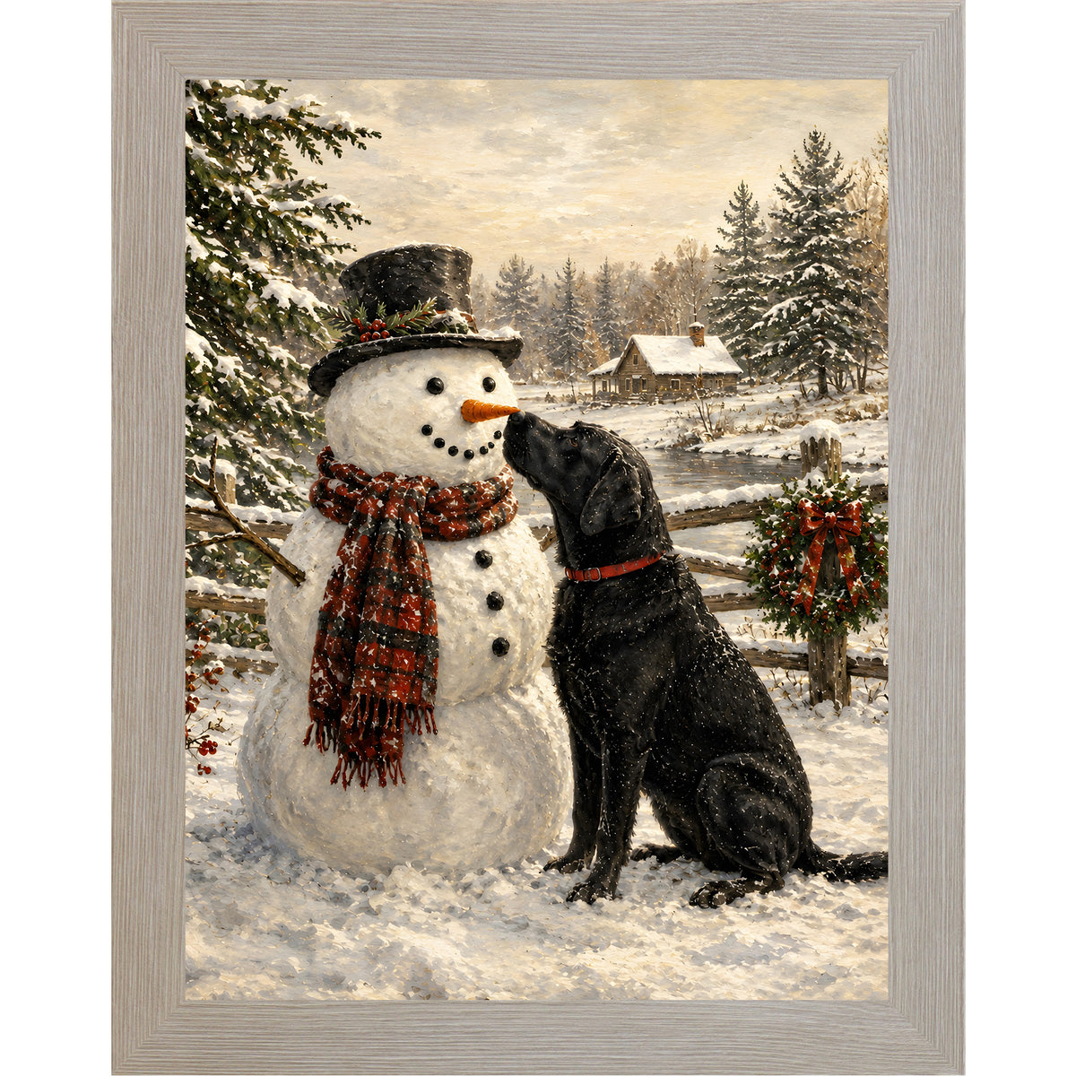 Monte Carlo framed portrait heritage Christmas wall art featuring a black Labrador nosing a top-hatted snowman in a plaid scarf against a snowy countryside scene