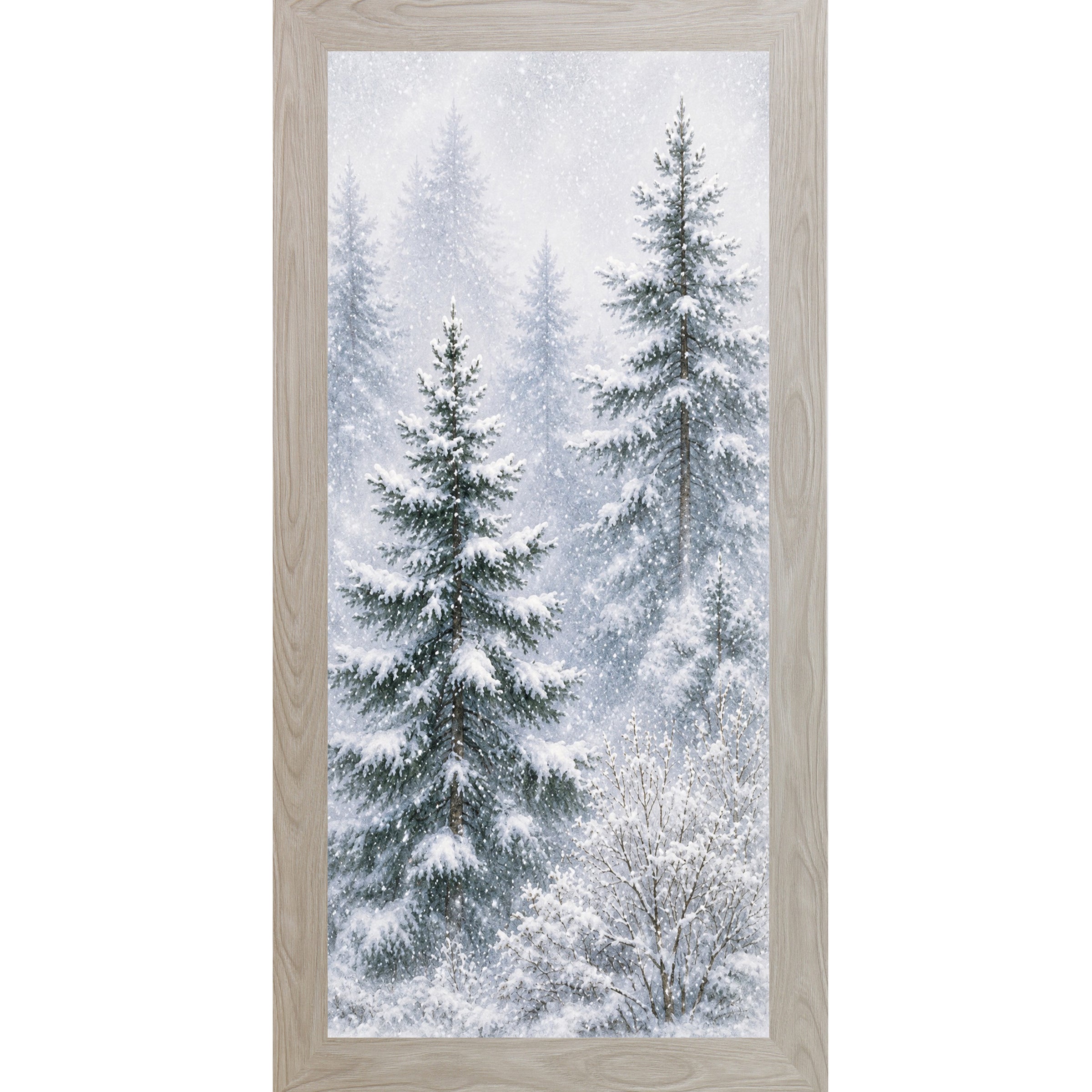 Monte Carlo framed narrow portrait watercolor winter wall art featuring a snowy pine forest with two tall evergreens leaning right through falling snow