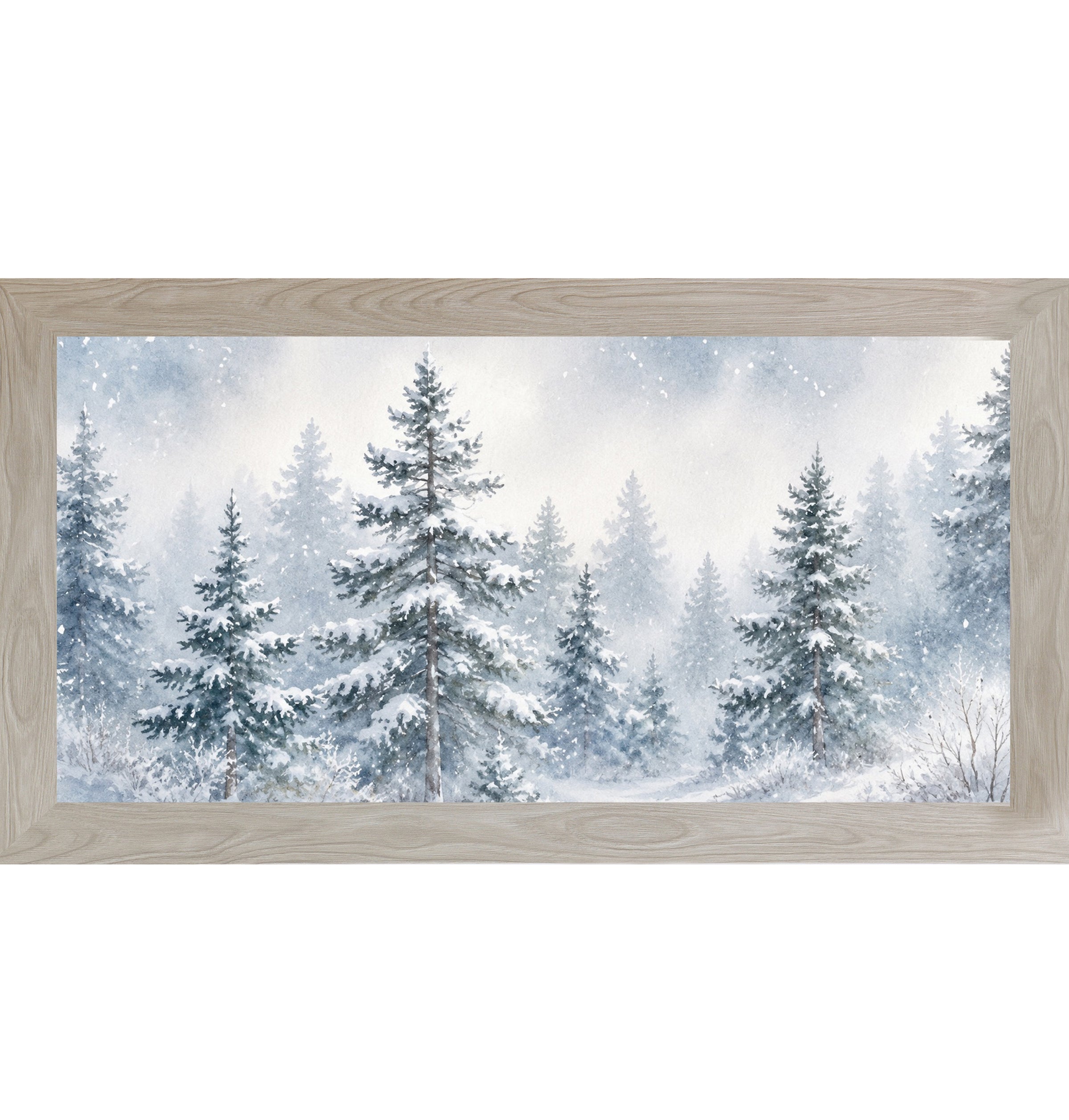 Monte Carlo framed wide landscape watercolor winter wall art featuring a full panoramic view of snow-covered pine trees