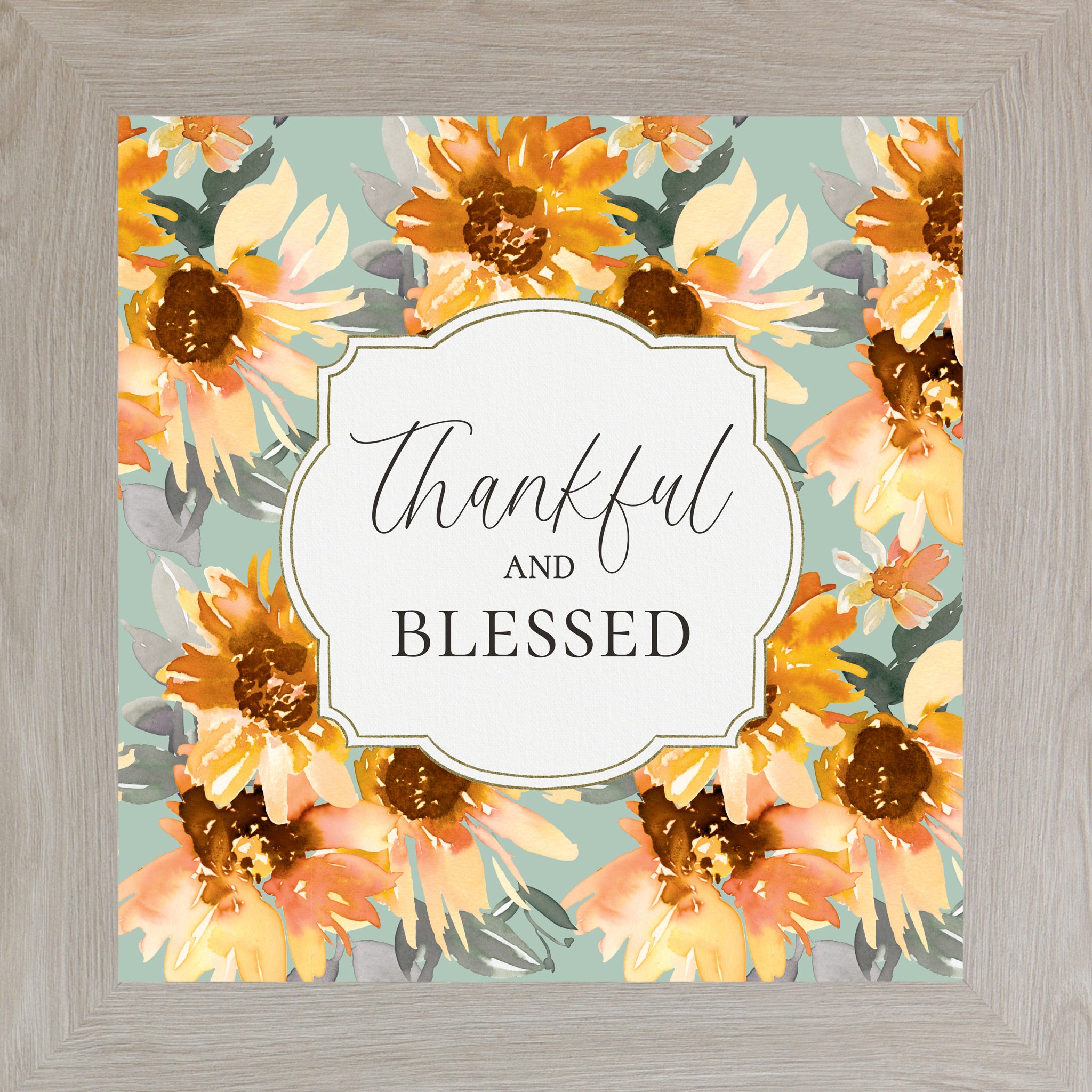 Monte Carlo framed square fall wall art featuring watercolor sunflowers in gold orange and peach on soft sage teal background with the words "Thankful and Blessed" — SB308