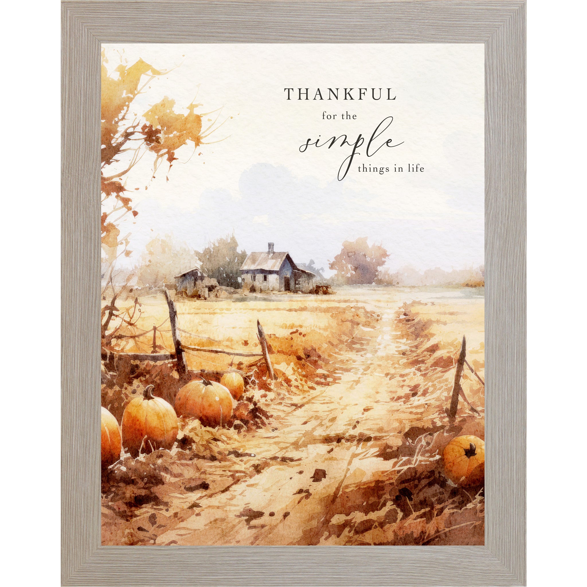 Monte Carlo framed portrait fall wall art featuring watercolor pumpkin field with golden lane split-rail fence and distant farmhouse in warm amber and rust tones with the words Thankful for the Simple Things in life in elegant mixed typography — SN389
