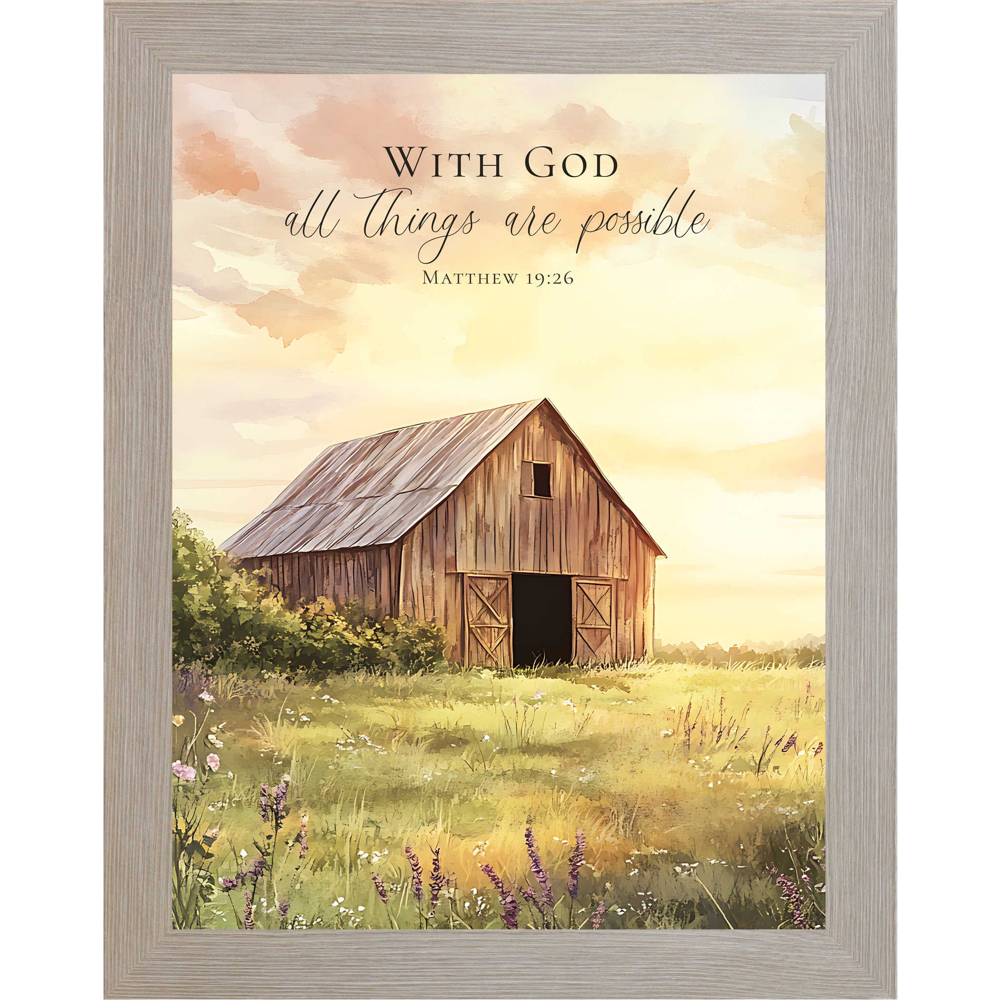 Monte Carlo framed portrait Christian wall art featuring watercolor farmhouse barn in lavender wildflower meadow with luminous golden sunrise sky and the words "With God All Things Are Possible Matthew 19:26" — SB256