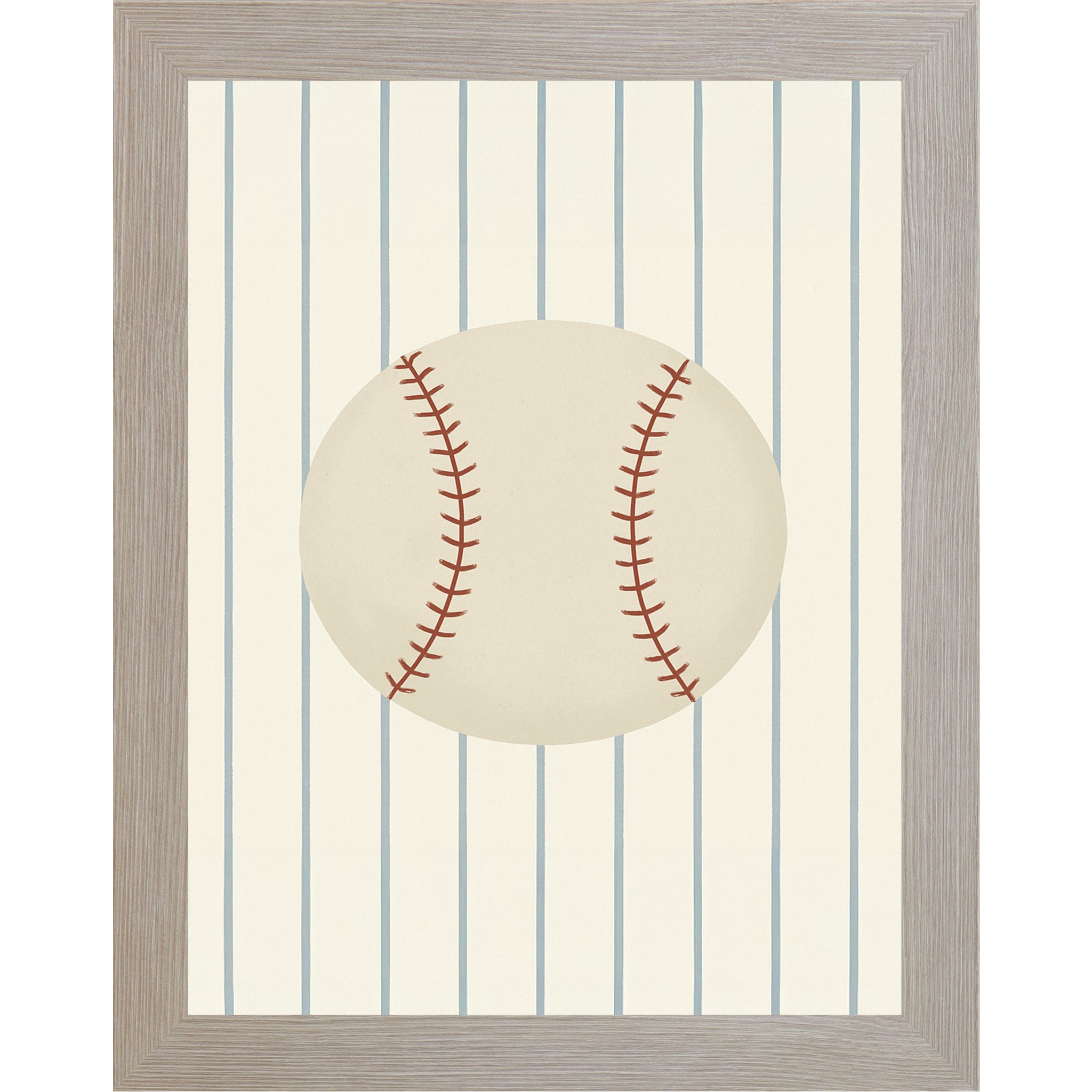 Monte Carlo color Framed baseball wall art featuring a classic baseball on a striped background for sports bedroom or baseball themed nursery decor.