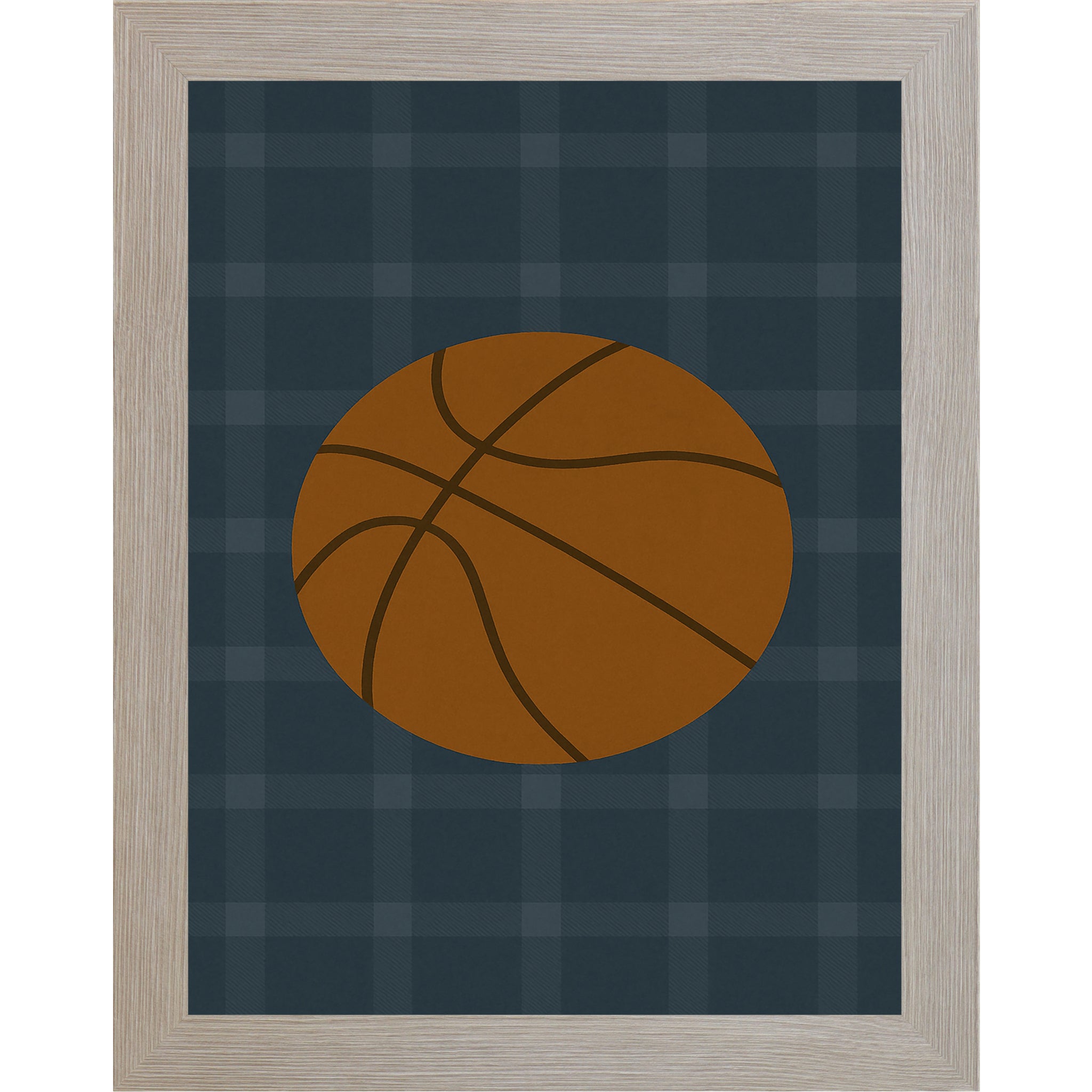 Monte Carlo frame color of Basketball wall art featuring a large basketball illustration on a blue green plaid background designed for boys sports rooms or basketball themed nurseries.